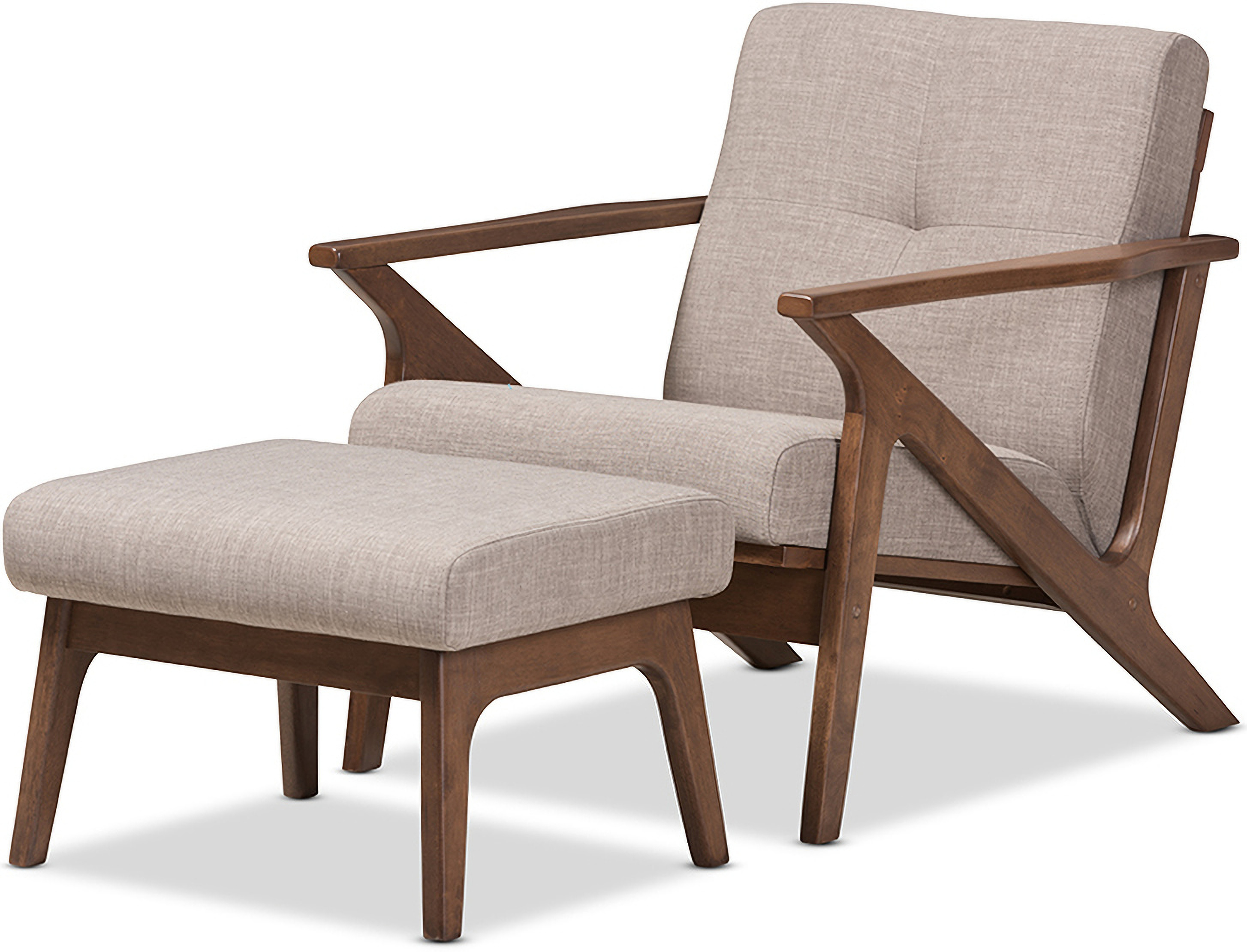 Bianca Mid Century Modern Walnut Wood Light Grey Fabric Tufted Lounge Chair And Ottoman Set 1stopbedrooms