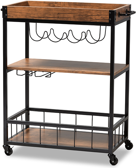 Cerne Vintage Rustic Industrial Oak Brown And Black Finished Mobile Metal Bar Cart With Wine Bottle Rack 1stopbedrooms
