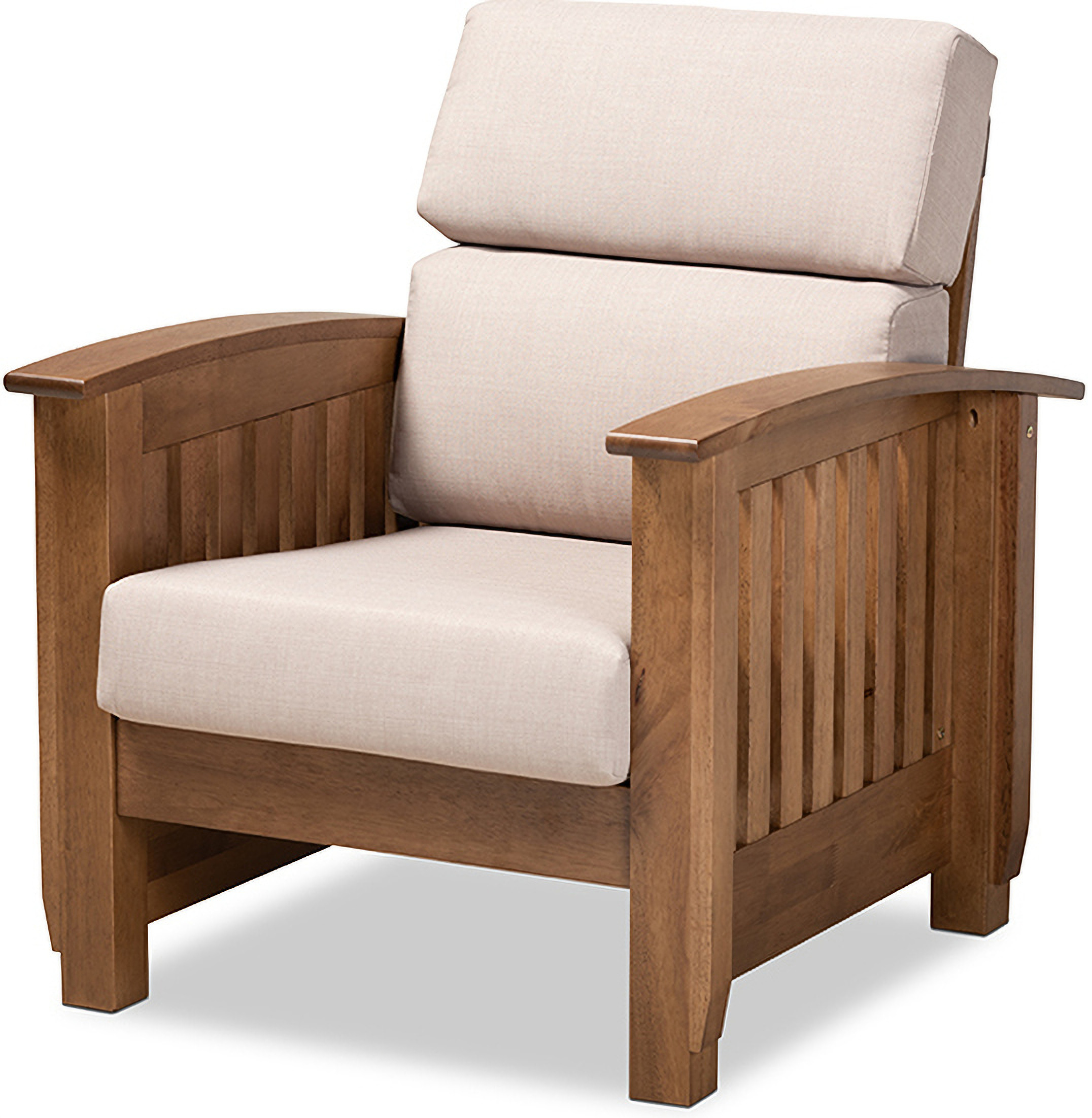 Charlotte Modern Classic Mission Style Taupe Fabric Upholstered Walnut Brown Finished Wood 1 Seater Lounge Chair 1stopbedrooms