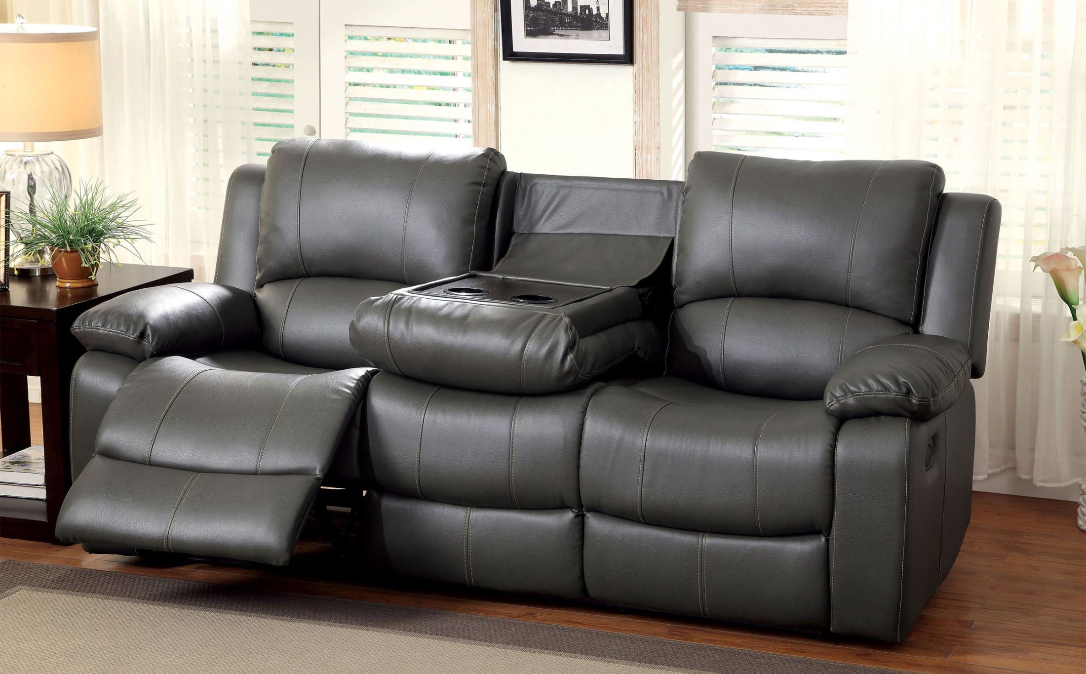 Sarles Gray Drop Down Table Reclining Sofa 1stopbedrooms