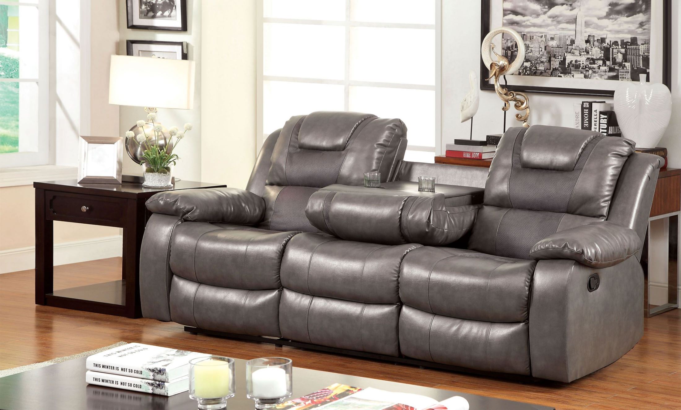 Grandolf Gray Reclining Sofa With Dropdown Table 1stopbedrooms