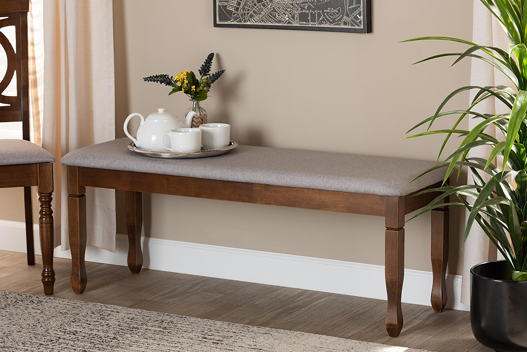 Corey Modern And Contemporary Grey Fabric Upholstered And Walnut Brown Finished Wood Dining Bench 1stopbedrooms