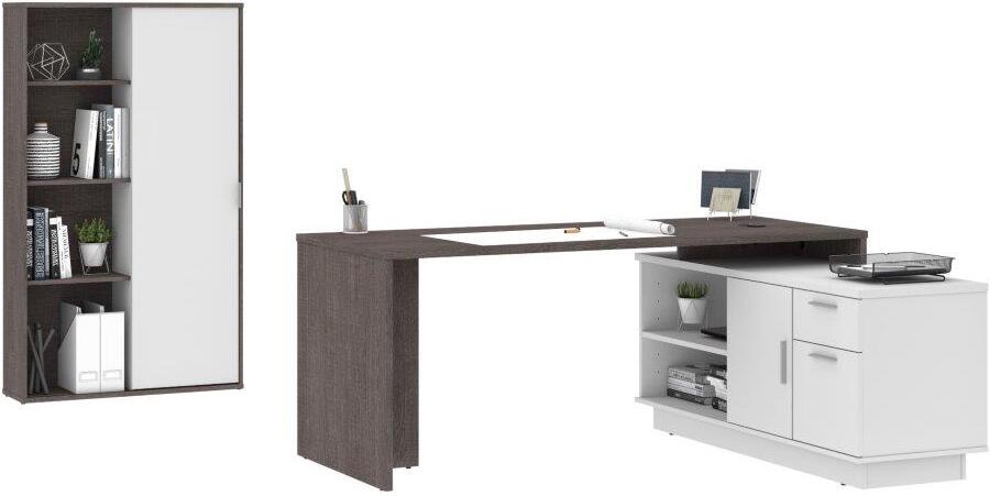Equinox 2 Piece L Shaped Desk And Bookcase Bark Gray And White 1stopbedrooms