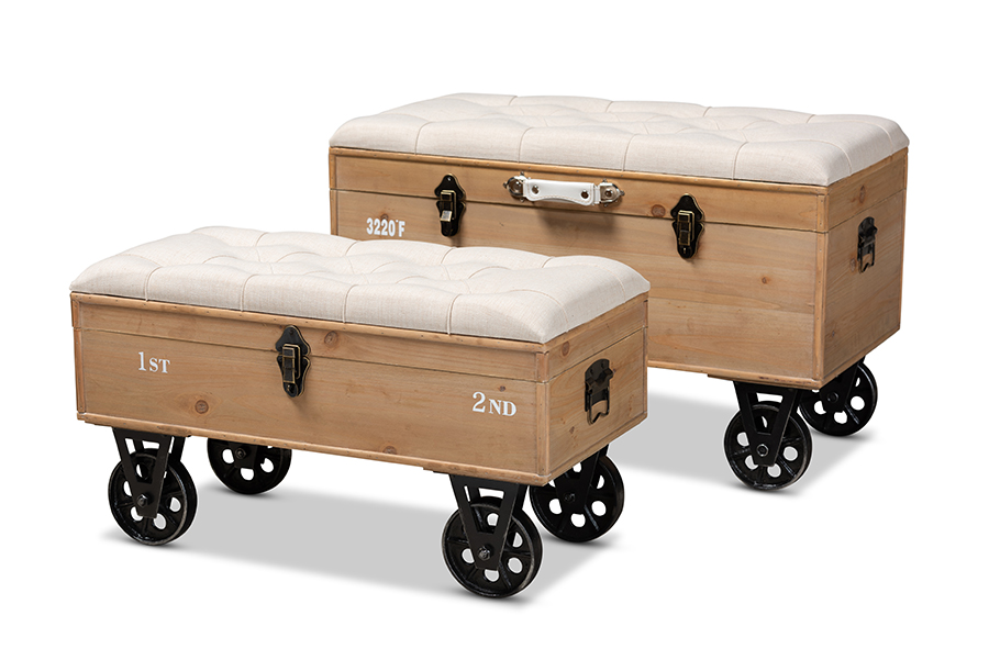 Finlay Transitional Rustic Farmhouse Beige Fabric Upholstered Distressed Natural Wood And Black Metal 2 Piece Wheeled Storage Ottoman Set 1stopbedrooms