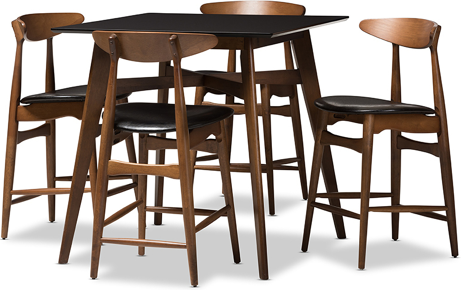 Flora Mid Century Modern Black Faux Leather Upholstered Walnut Finished 5 Piece Pub Set 1stopbedrooms