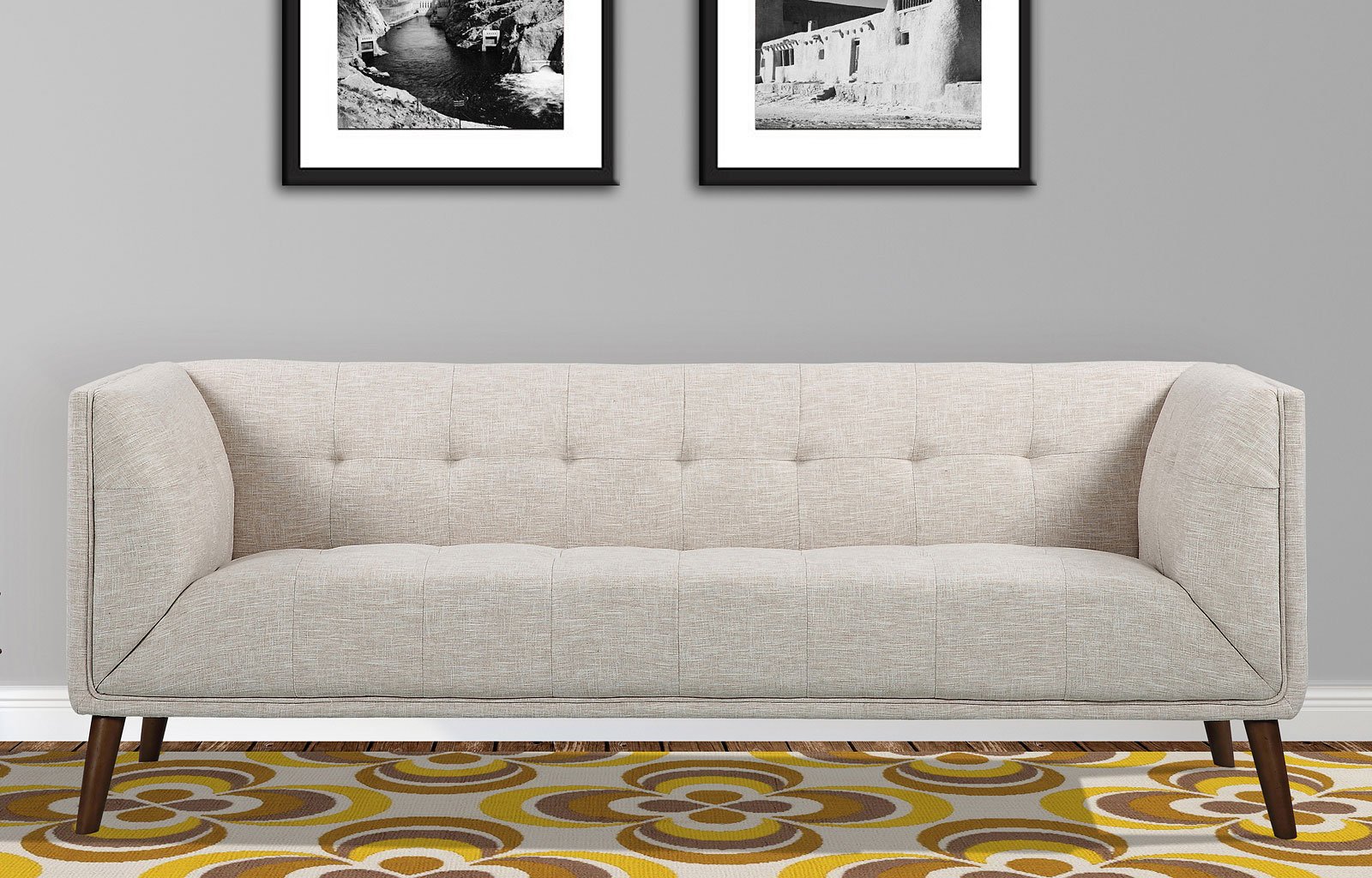 Hudson Mid Century Beige Linen Button Tufted Sofa 1stopbedrooms