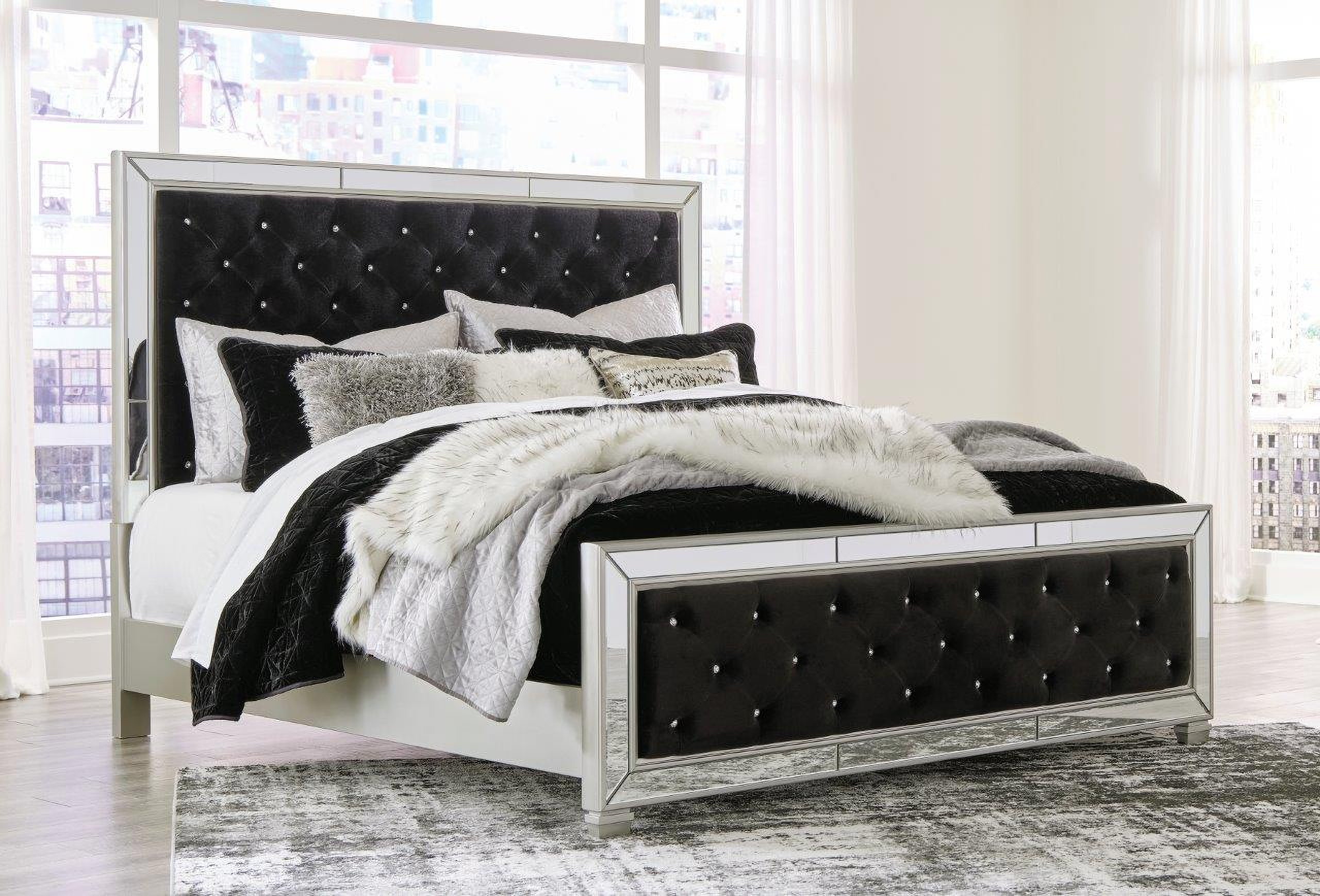 Lindenfield Black and Silver Queen Upholstered Panel Bed - 1StopBedrooms.