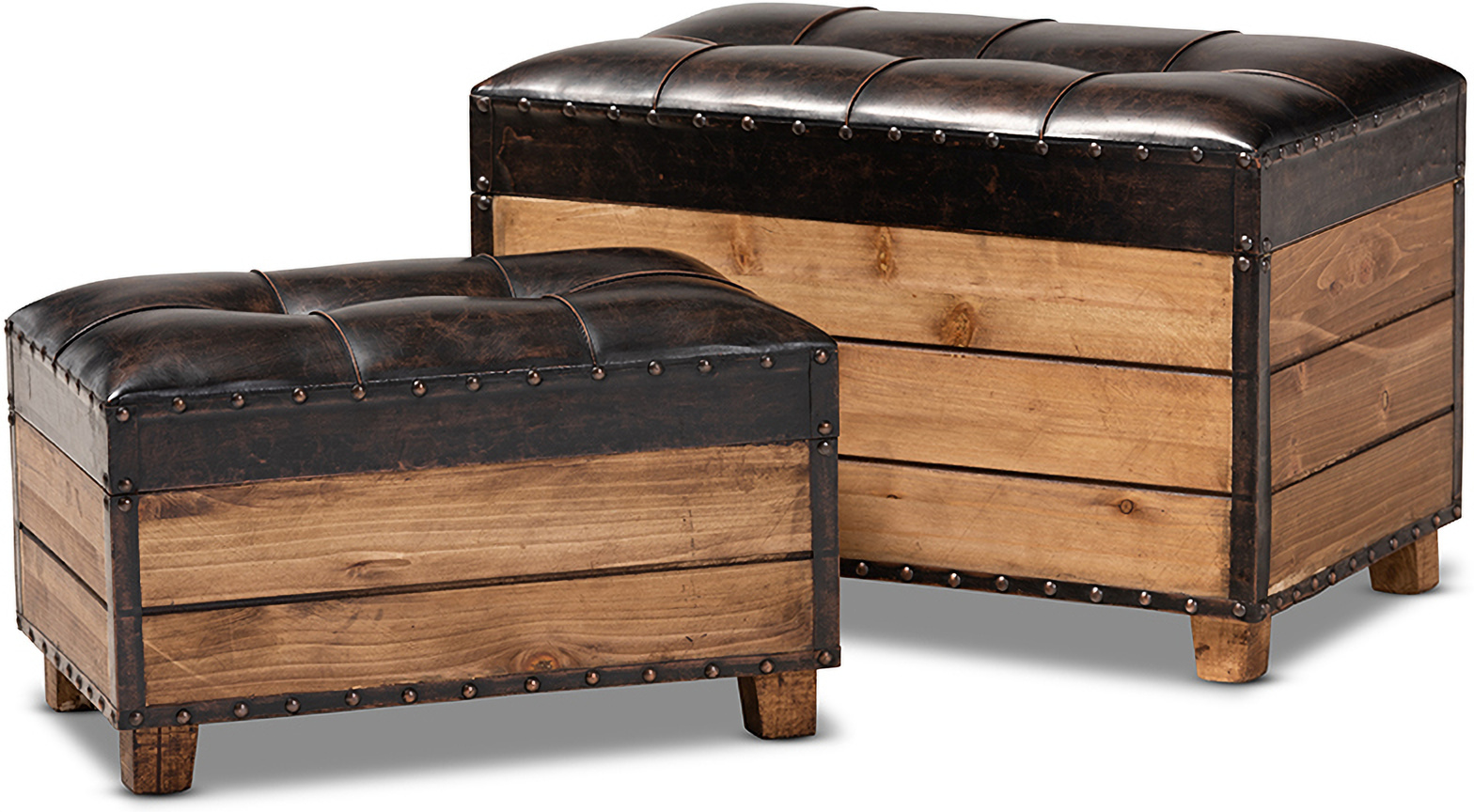 Marelli Rustic Dark Brown Faux Leather Upholstered 2 Piece Wood Storage Trunk Ottoman Set 1stopbedrooms