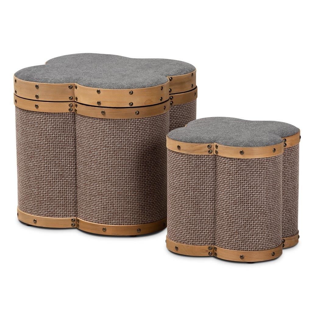 Marilyn Modern And Contemporary Transitional Grey And Brown Fabric Upholstered 2 Piece Clover Shaped Storage Ottoman Set 1stopbedrooms