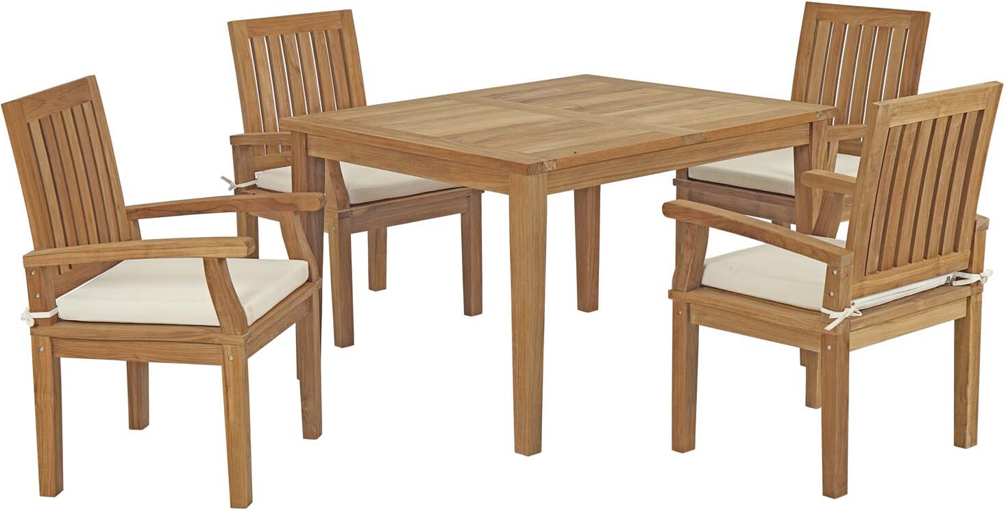 Marina White 5 Piece Outdoor Patio Teak Outdoor Dining Set Eei 3286 Nat Whi Set 1stopbedrooms