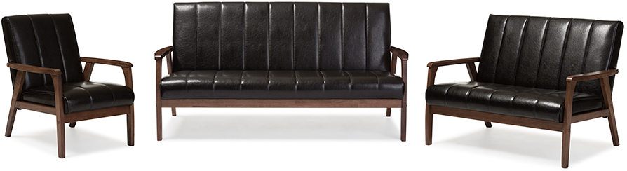 Nikko Mid Century Modern Scandinavian Style Dark Brown Faux Leather 3 Pieces Living Room Sets 1stopbedrooms