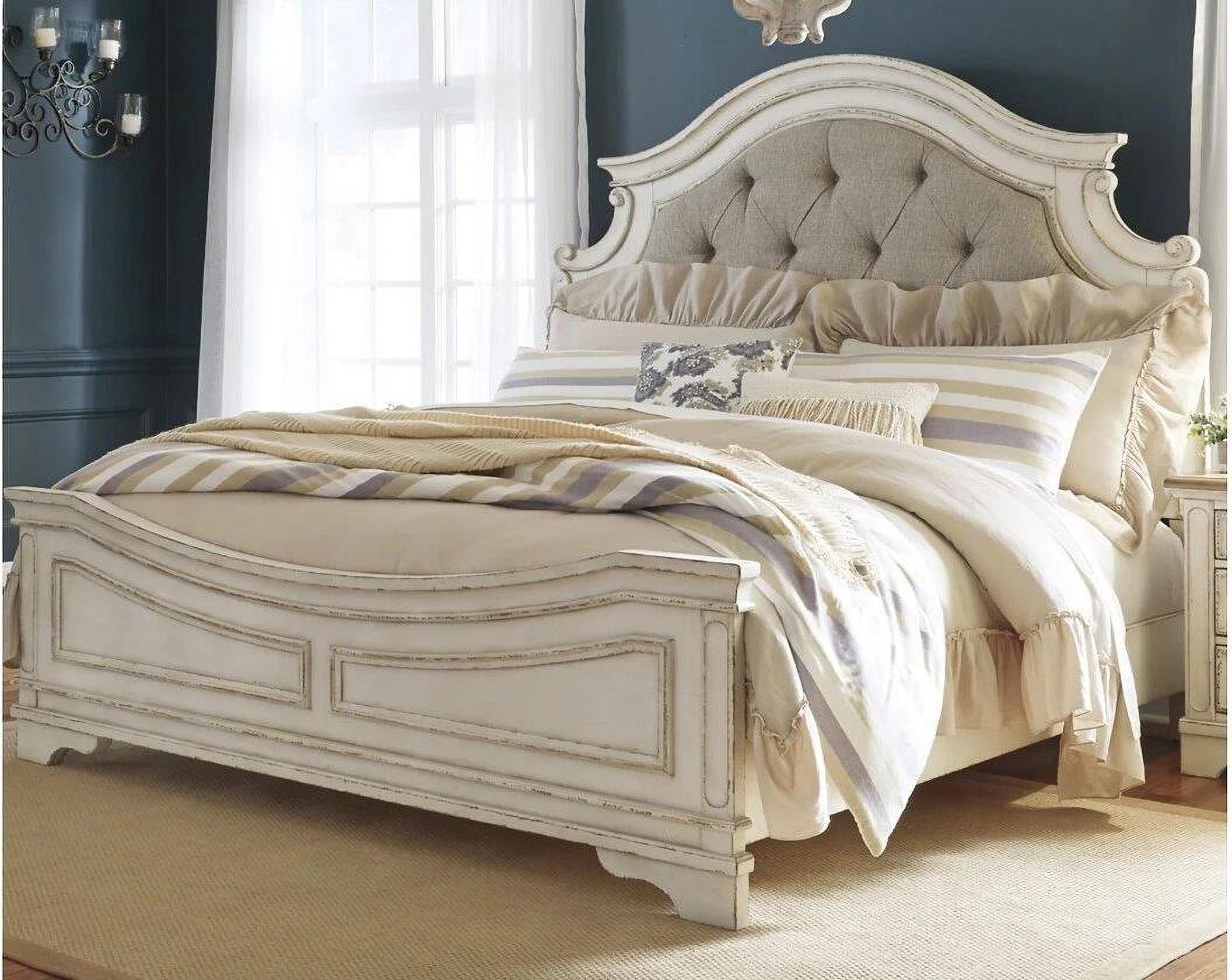 Realyn Chipped Two Tone King Upholstered Panel Bed 1StopBedrooms.