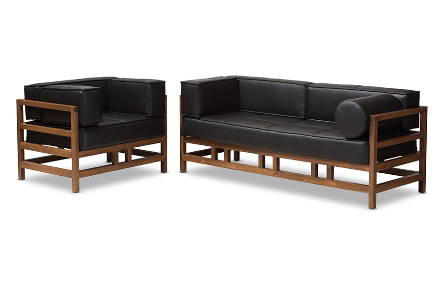 Shaw Mid Century Modern Pine Black Faux Leather Walnut Wood 2 Piece Living Room Sofa Set 1stopbedrooms