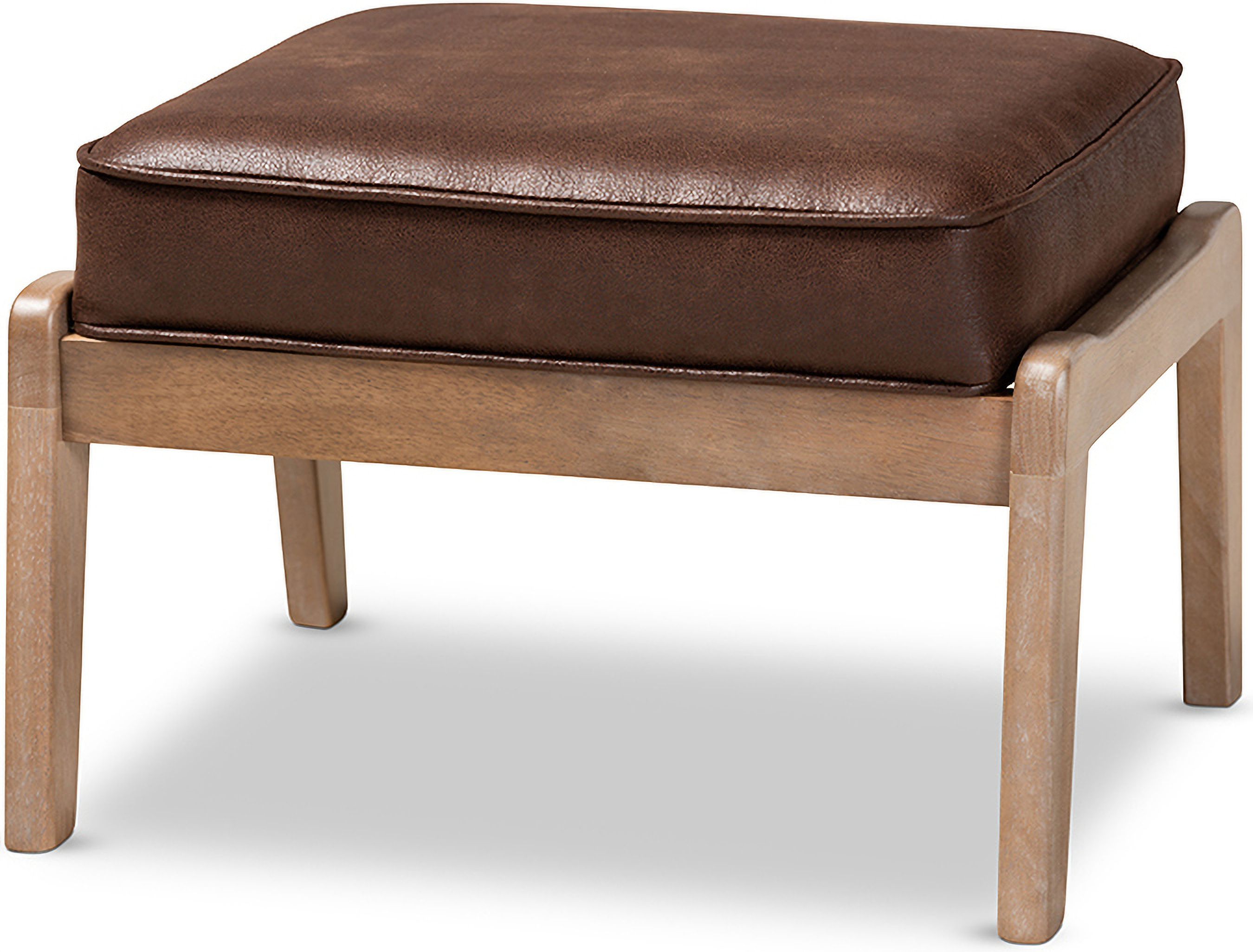 Sigrid Mid Century Modern Dark Brown Faux Leather Effect Fabric Upholstered Antique Oak Finished Wood Ottoman 1stopbedrooms
