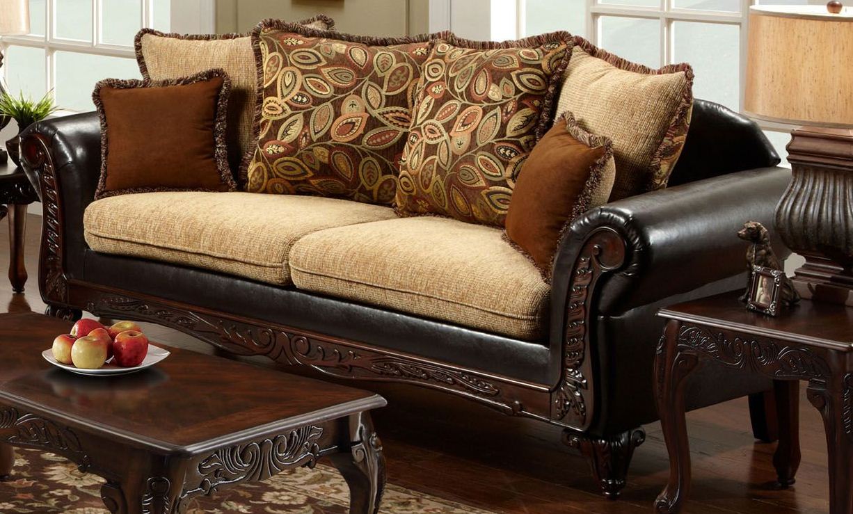 Doncaster Tan Fabric And Espresso Leatherette Sofa 1stopbedrooms