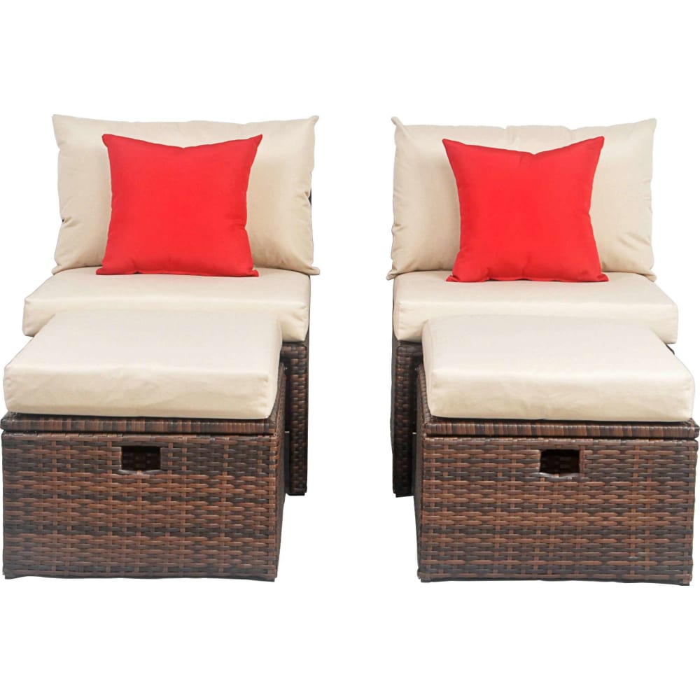 Telford Brown Tan Rattan Outdoor Settee Storage Ottoman With Red Accent Pillows 1stopbedrooms