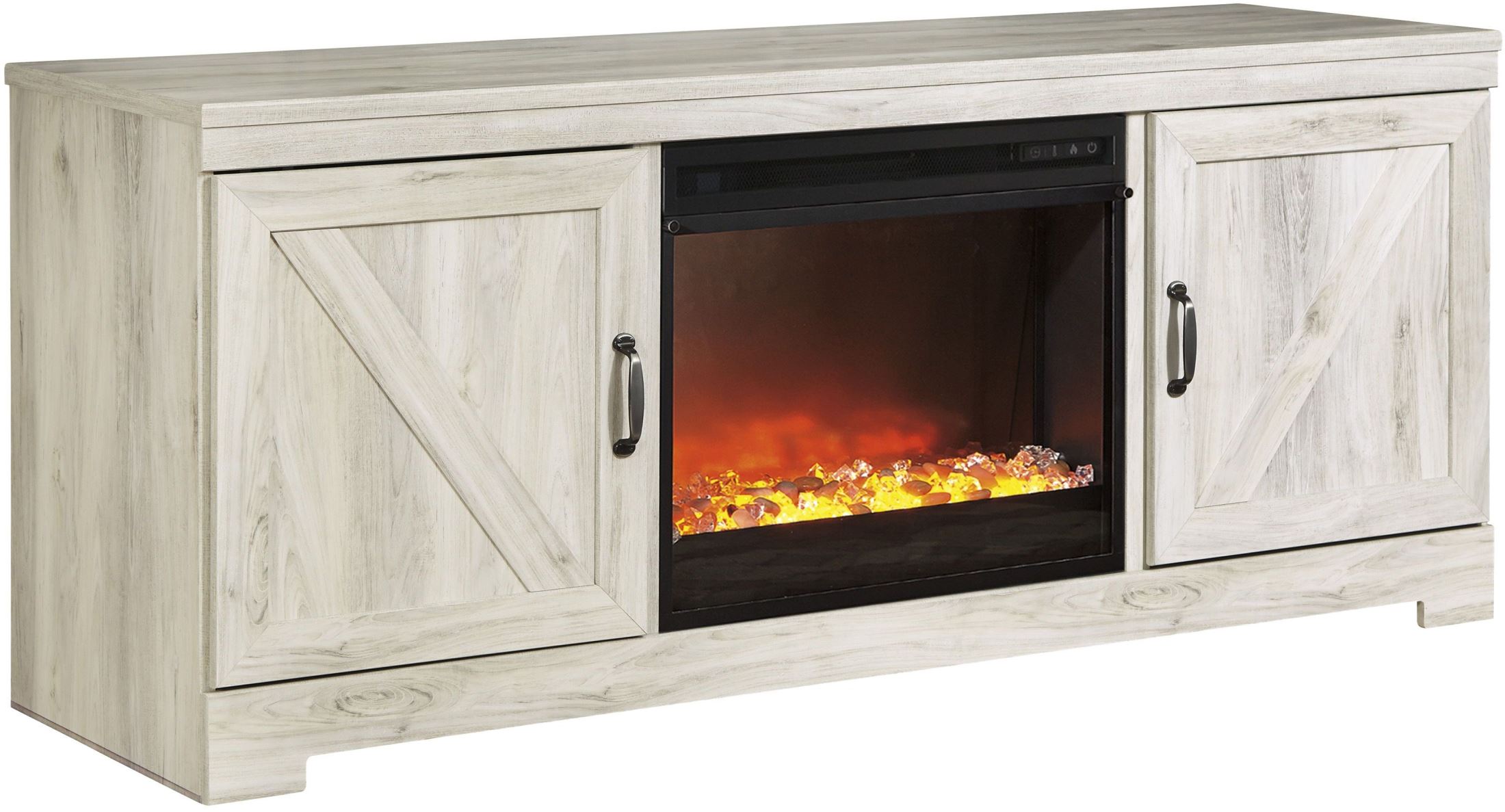 Bellaby White Wash Lg Tv Stand with Glass and Stone Fireplace Insert