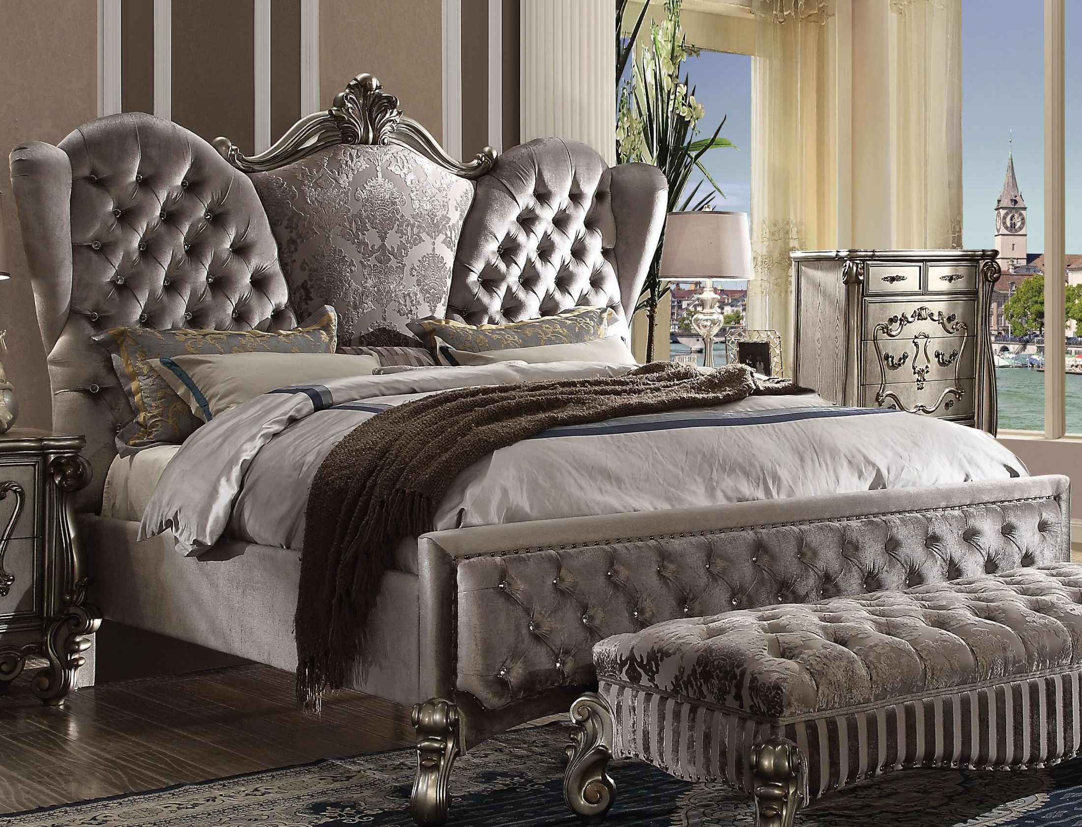 Versailles Velvet And Antique Platinum Queen Upholstered Panel Bed 1stopbedrooms