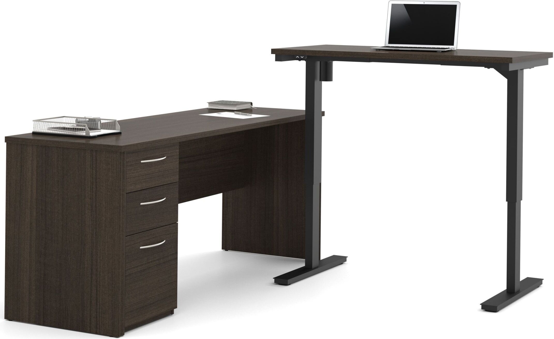 Embassy Dark Chocolate L Desk With Electric Adjustable Height Table 1stopbedrooms