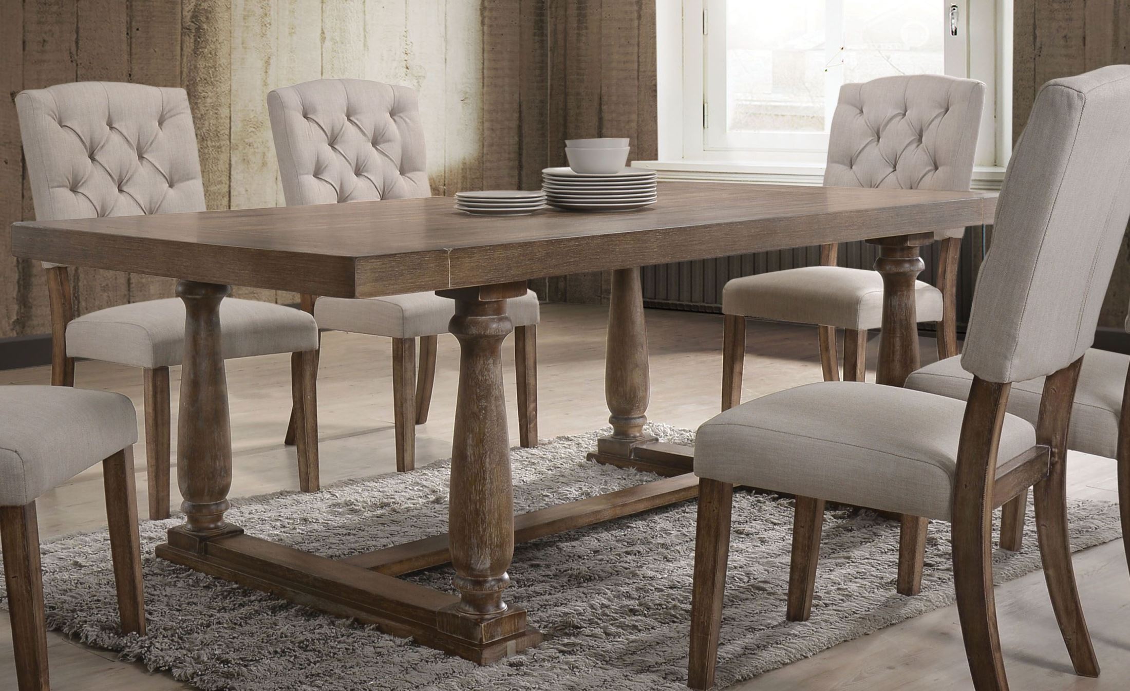 Just add a cute centerpiece and this table is ready for hosting. https www 1stopbedrooms com bernard weathered oak dining table