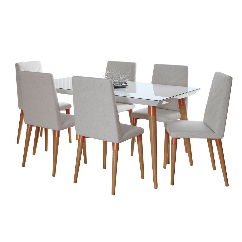 7 Piece Utopia 62 99 Inch Dining Set With 6 Dining Chairs In White Gloss And Beige 1stopbedrooms