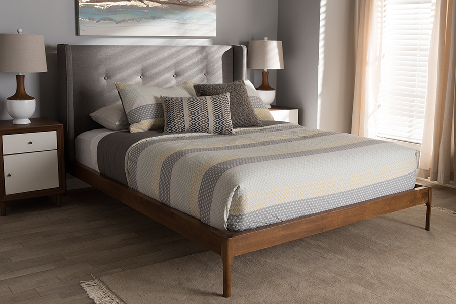 Baxton Studio Brooklyn Mid Century Modern Walnut Wood Grey Fabric Queen Size Platform Bed 1stopbedrooms