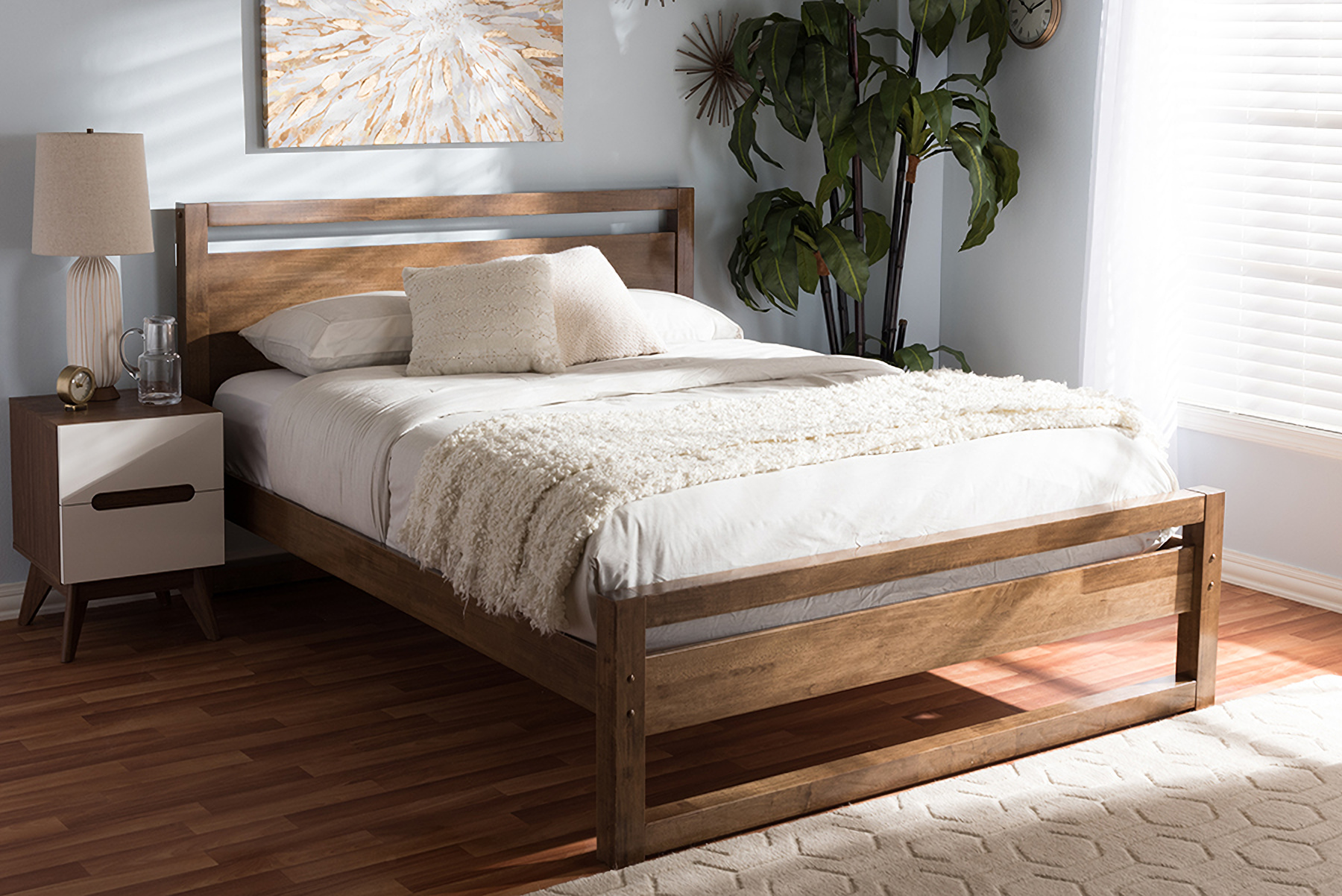 Baxton Studio Torino Mid Century Modern Solid Walnut Wood Open Frame Style King Size Platform Bed 1stopbedrooms