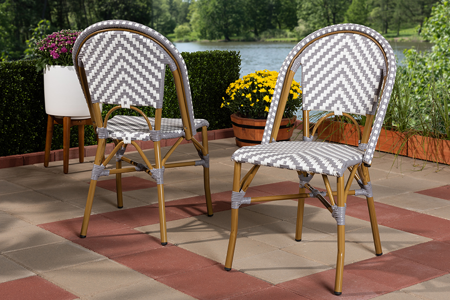 Baxton Studio Celie Classic French Indoor And Outdoor Grey And White Bamboo Style Stackable Bistro Dining Chair Set Of 2 9070 Gray 1stopbedrooms