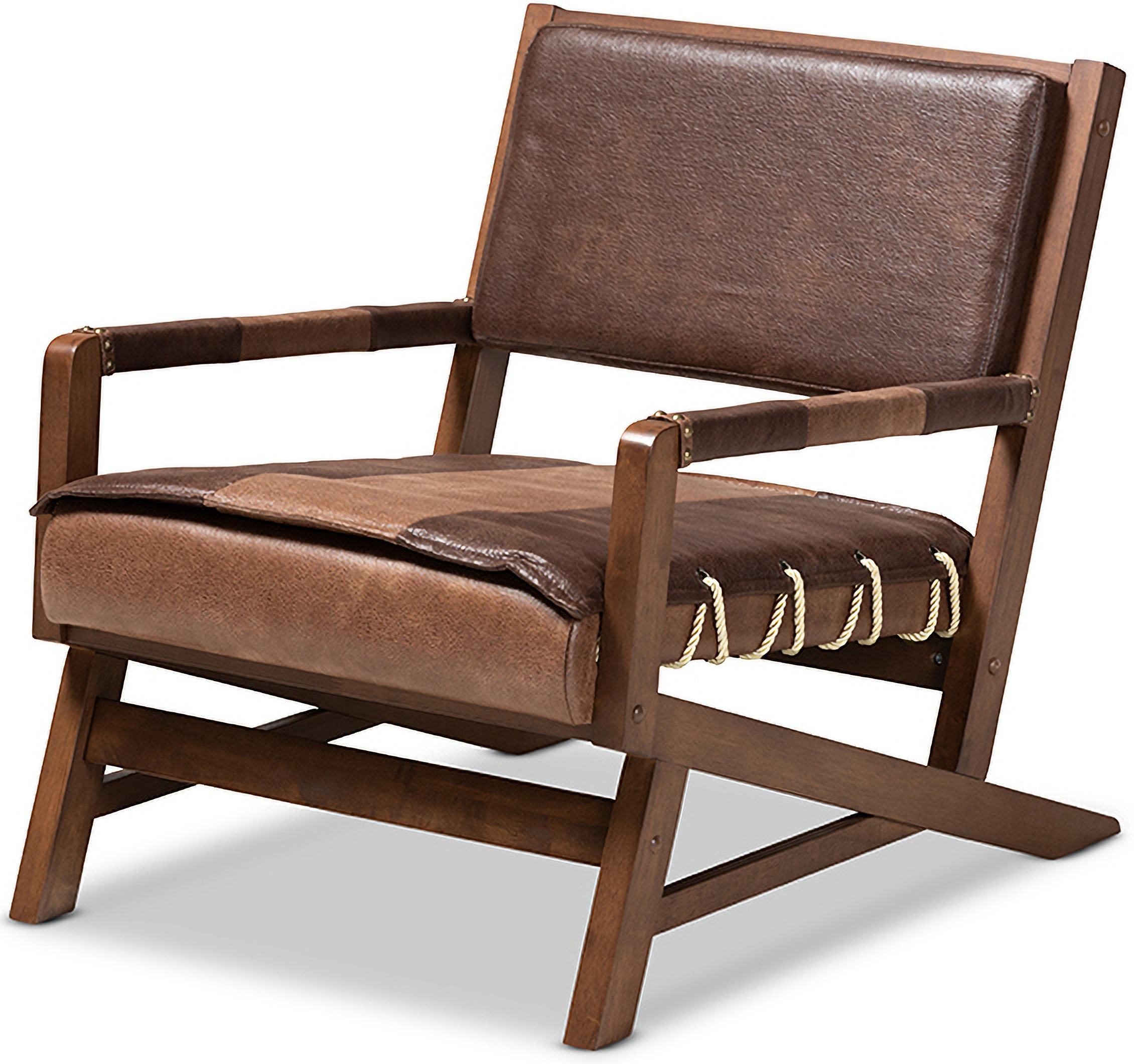 Baxton Studio Rovelyn Rustic Brown Faux Leather Upholstered Walnut Finished Wood Lounge Chair 1stopbedrooms