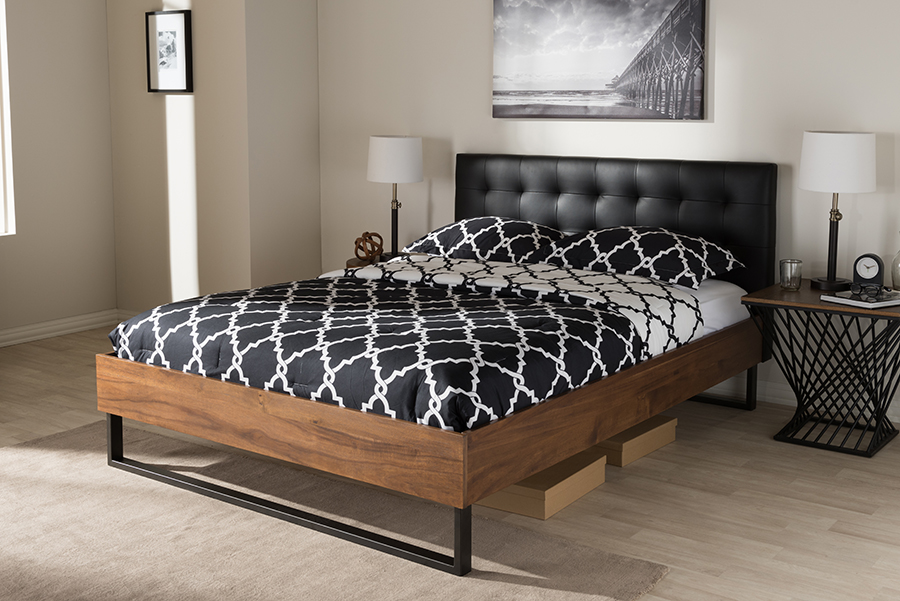 Baxton Studio Mitchell Rustic Industrial Walnut Wood Black Faux Leather Dark Bronze Metal King Size Platform Bed 1stopbedrooms