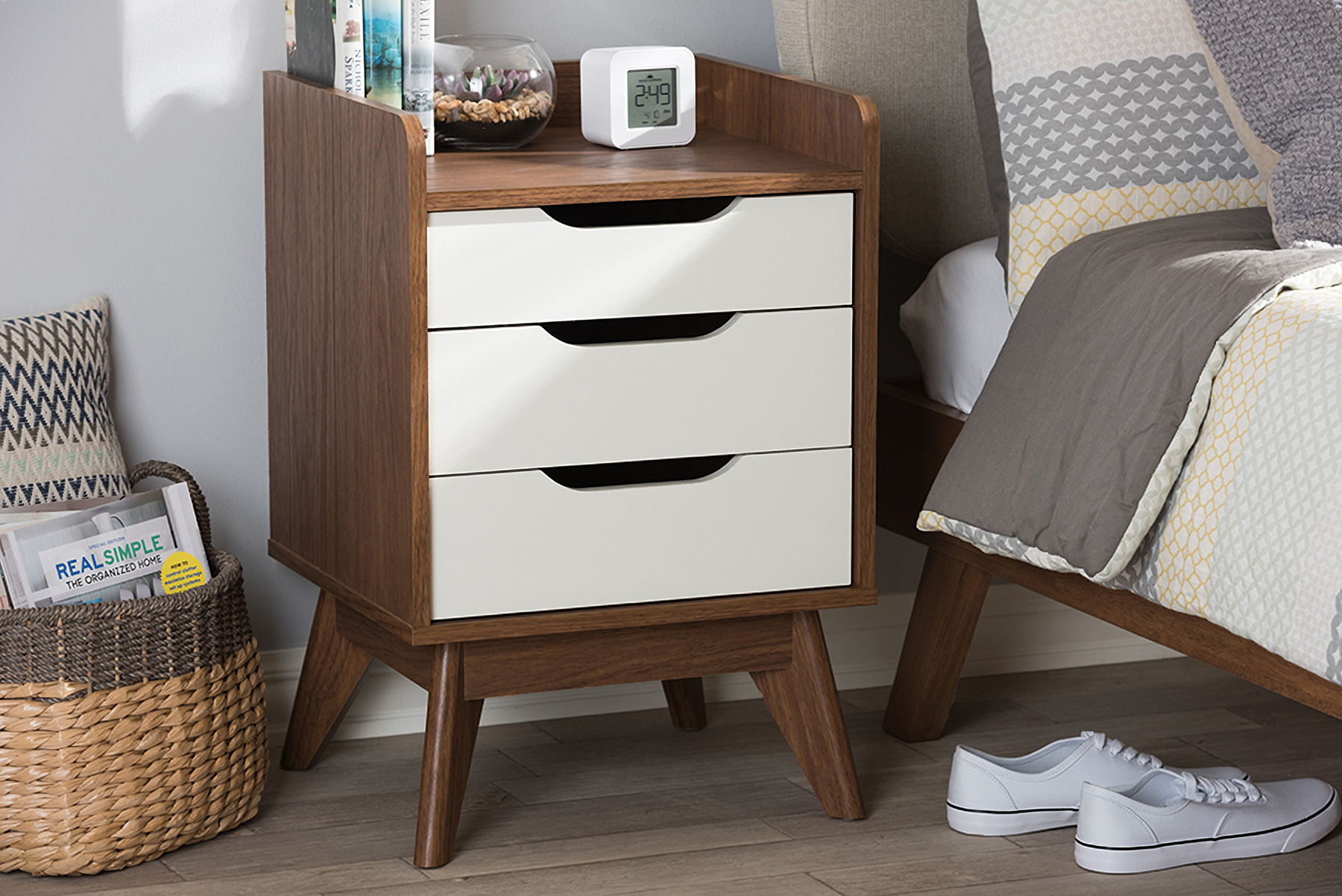 Baxton Studio Brighton Mid Century Modern White And Walnut Wood 3 Drawer Storage Nightstand 1stopbedrooms