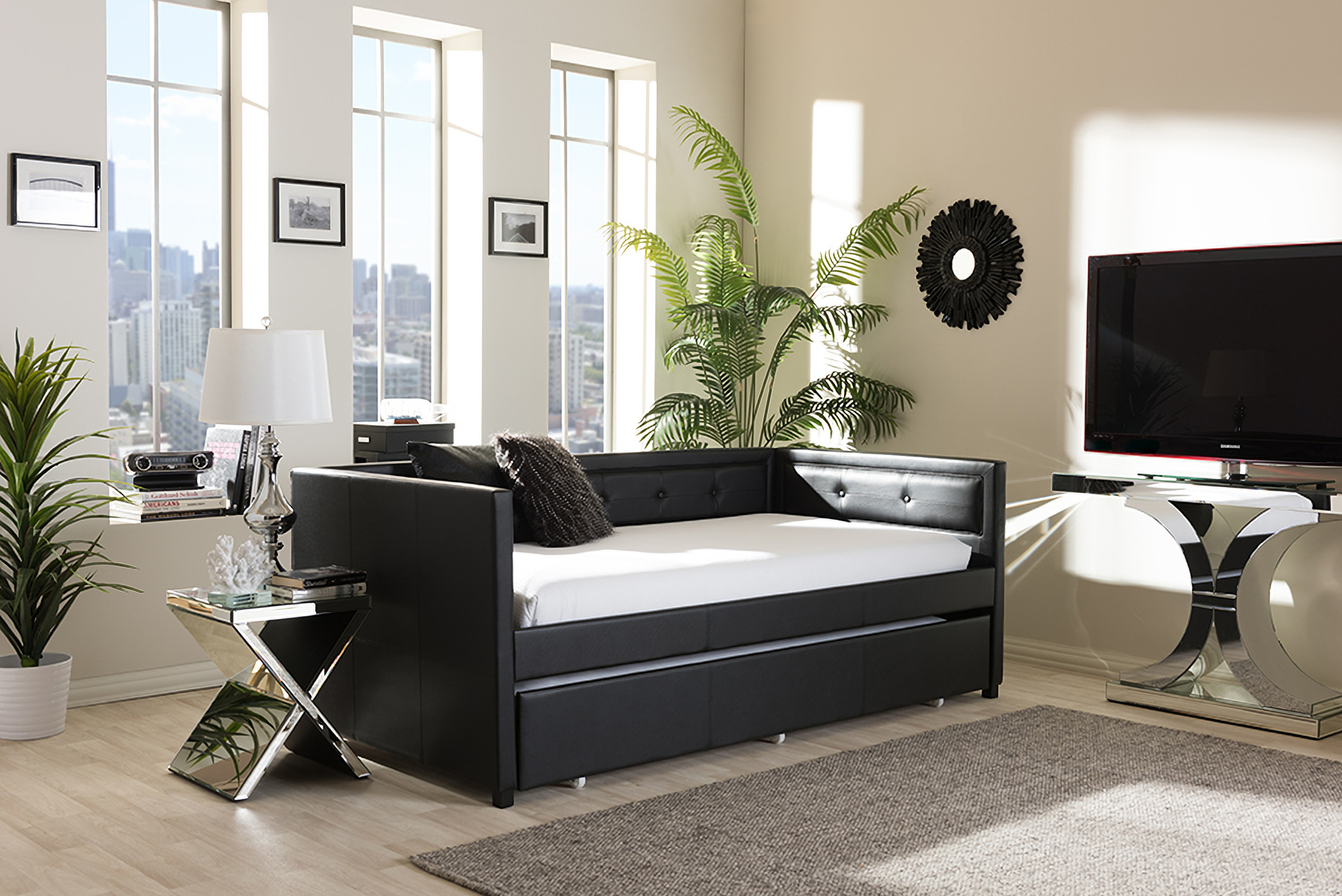 Faux Leather Daybed With Roll Out Trundle