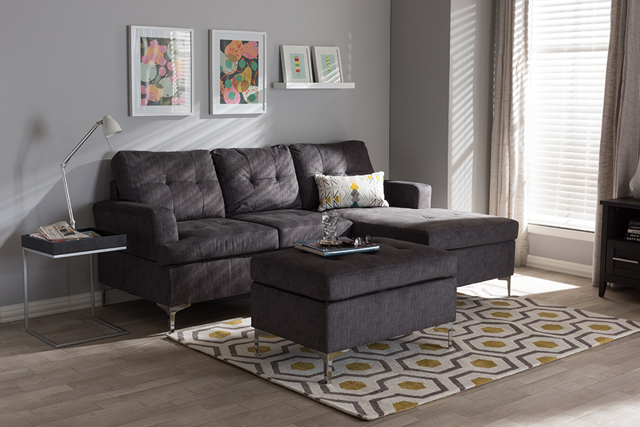 Baxton Studio Riley Modern And Contemporary Grey Fabric Upholstered 3 Piece Sectional Sofa With Ottoman Set 1stopbedrooms Modern living room with grey couch. 1stopbedrooms