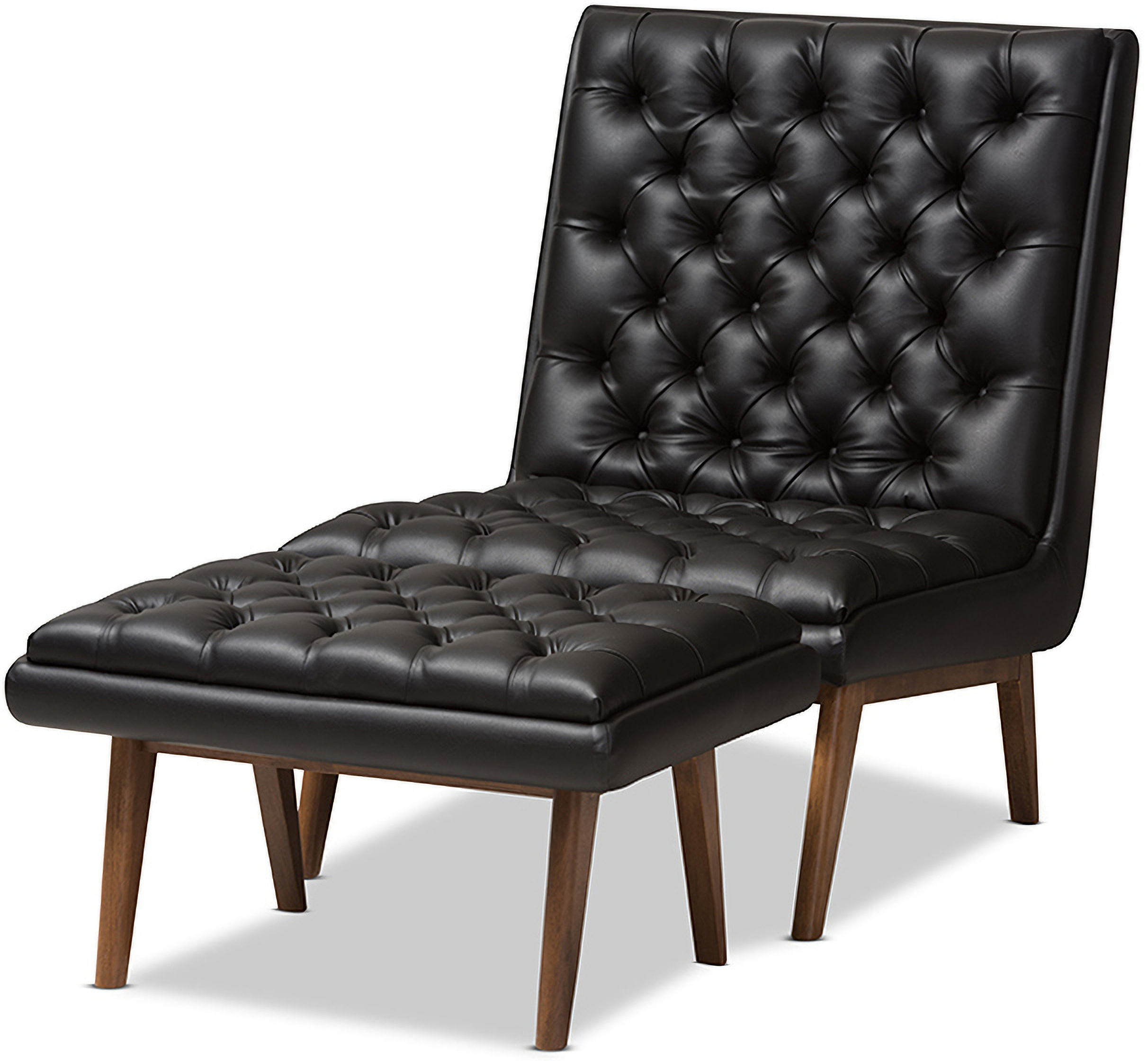 Annetha Mid Century Modern Black Faux Leather Upholstered Walnut Finished Wood Chair And Ottoman Set 1stopbedrooms