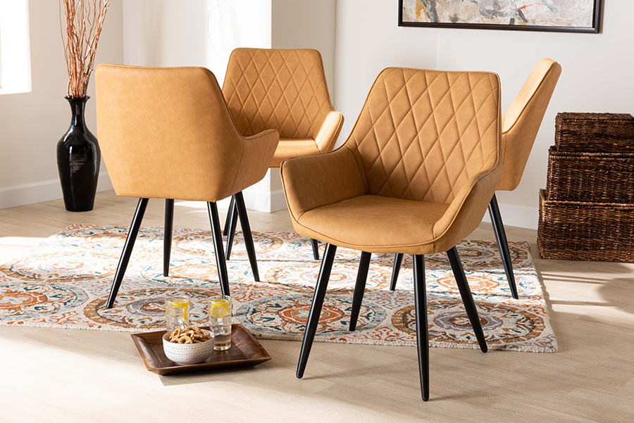 Astrid Mid Century Contemporary Tan Faux Leather Upholstered And Black Metal 4 Piece Dining Chair Set 1stopbedrooms