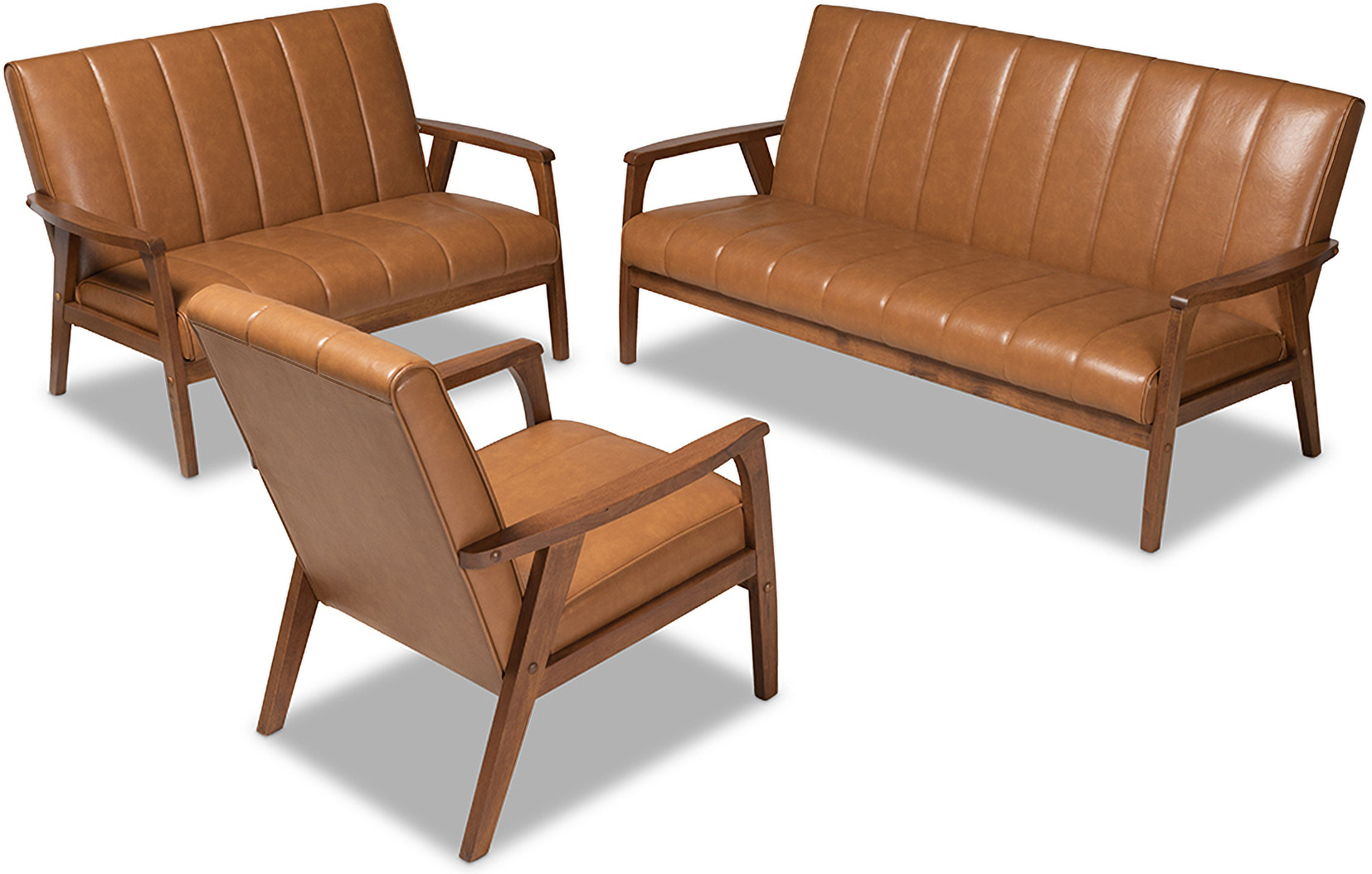 Baxton Studio Nikko Mid Century Modern Tan Faux Leather Upholstered And Walnut Brown Finished Wood 3 Piece Living Room Set 1stopbedrooms Baxton Studio Nikko Mid Century Modern, Studio Collection 3 Piece Furniture Set