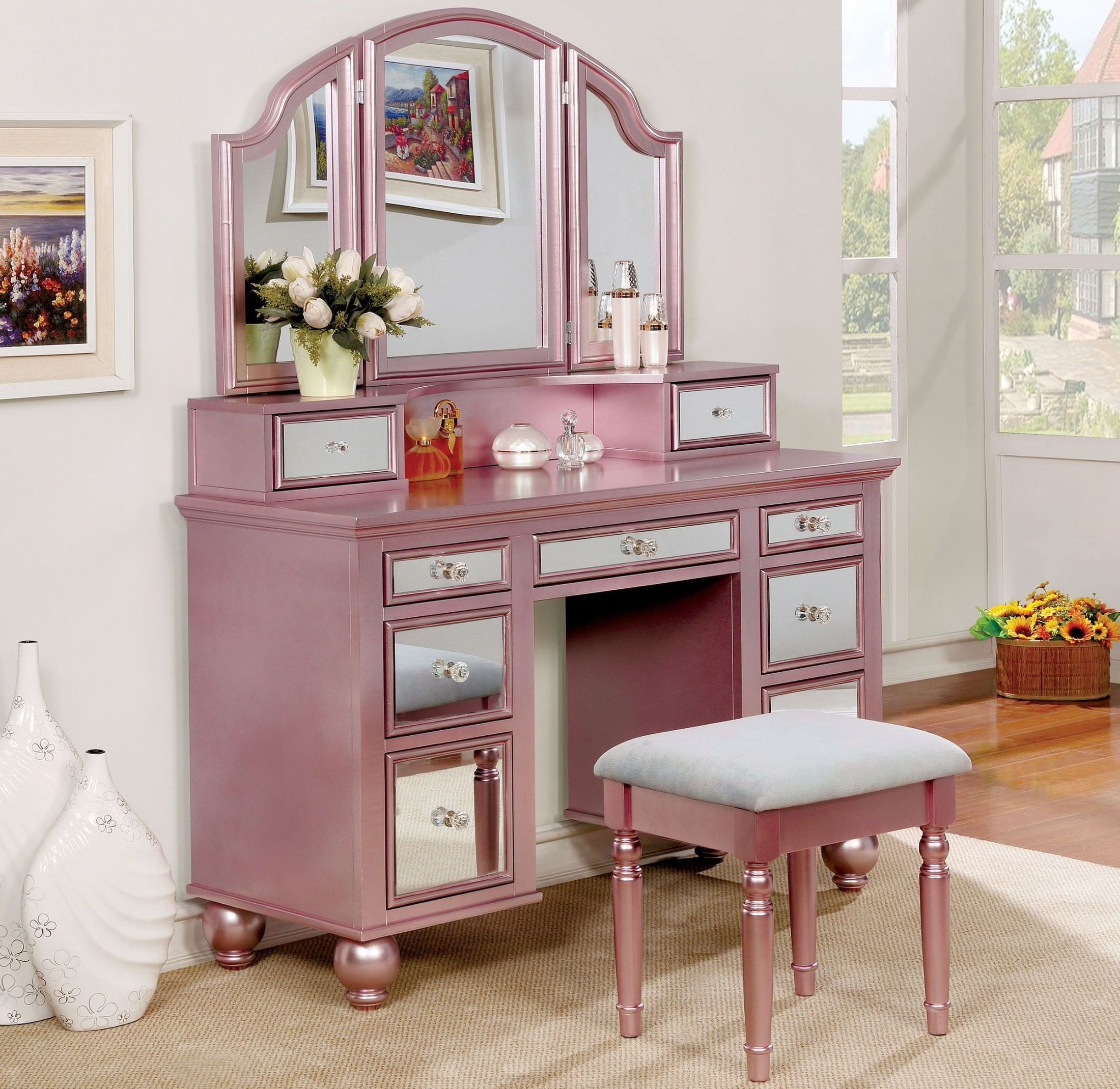 Tracy Rose Gold Vanity With Stool 1stopbedrooms Tracy Rose Gold Vanity With Stool, Rose Gold Vanity Stool