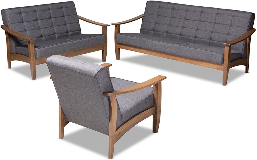 Ln Mid Century Modern Gray Fabric Upholstered Walnut Wood 3 Piece Living Room Set 1stopbedrooms Ln Mid Century Modern Gray Fabric, Studio Collection 3 Piece Furniture Set
