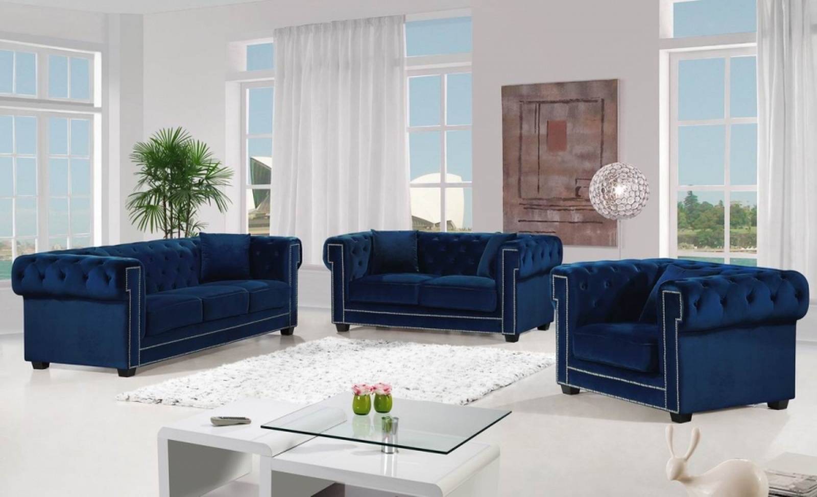 Meridian Bowery 2 Piece Living Room Set In Navy Furniture Plus