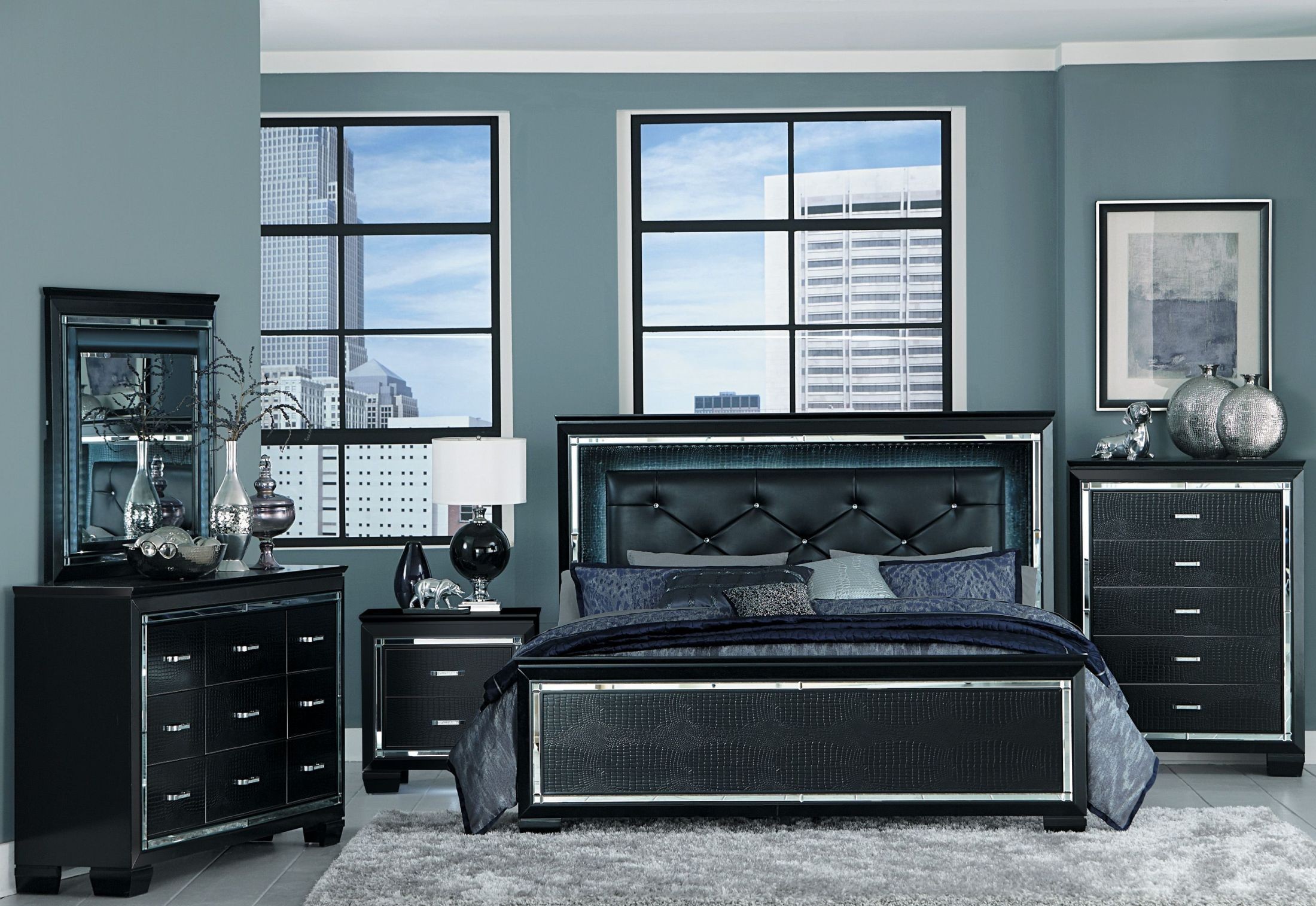 Allura Black Upholstered Panel Bedroom, King Bed Set Black