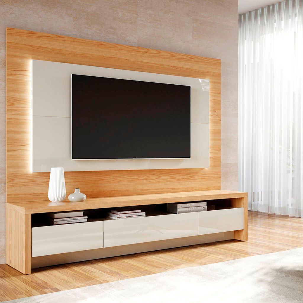 2-Piece Sylvan 85.43 Inch TV Stand And Panel With Led Lights In Nature