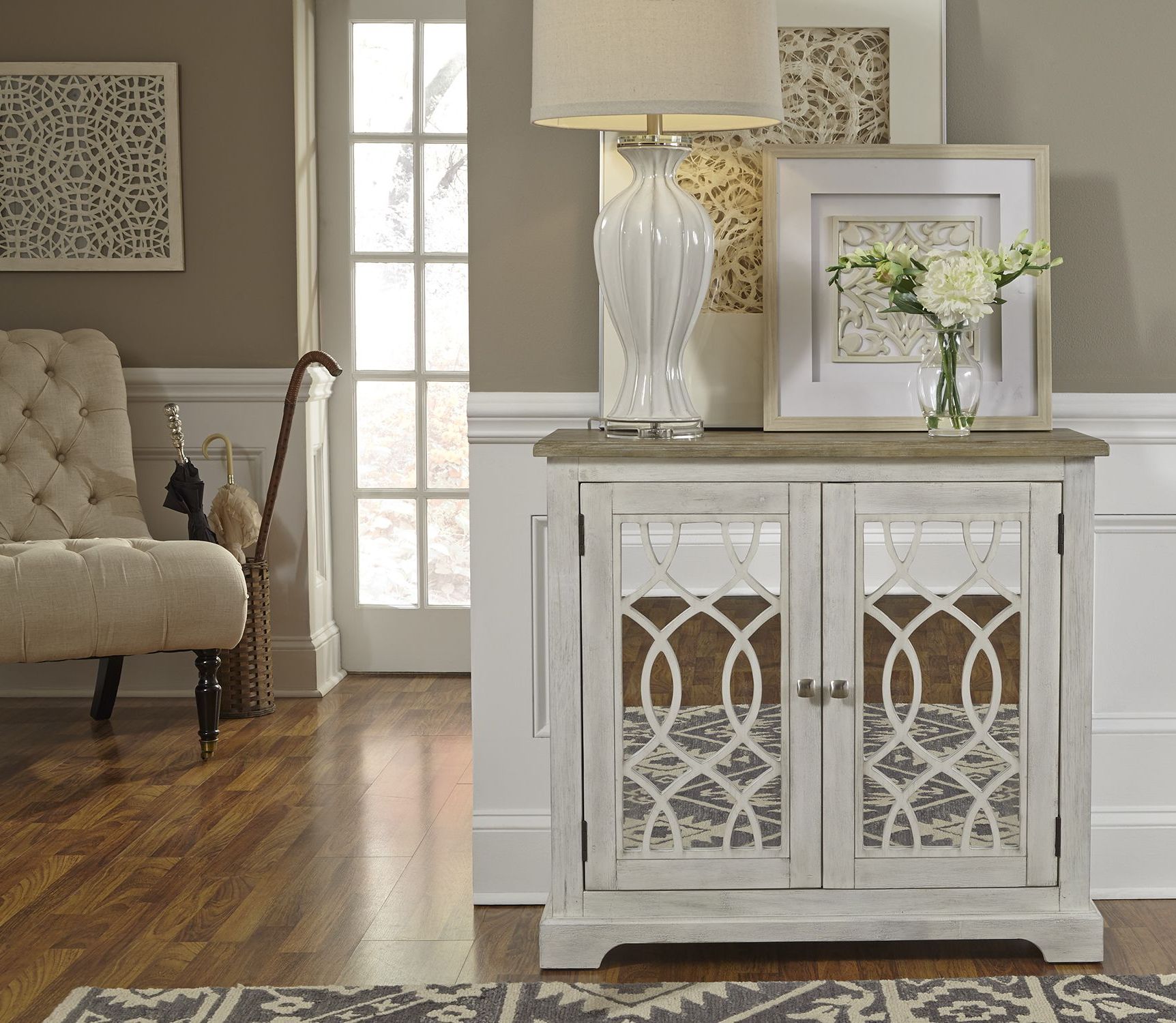 Camille Antique White 2 Door Mirrored Accent Cabinet 1stopbedrooms