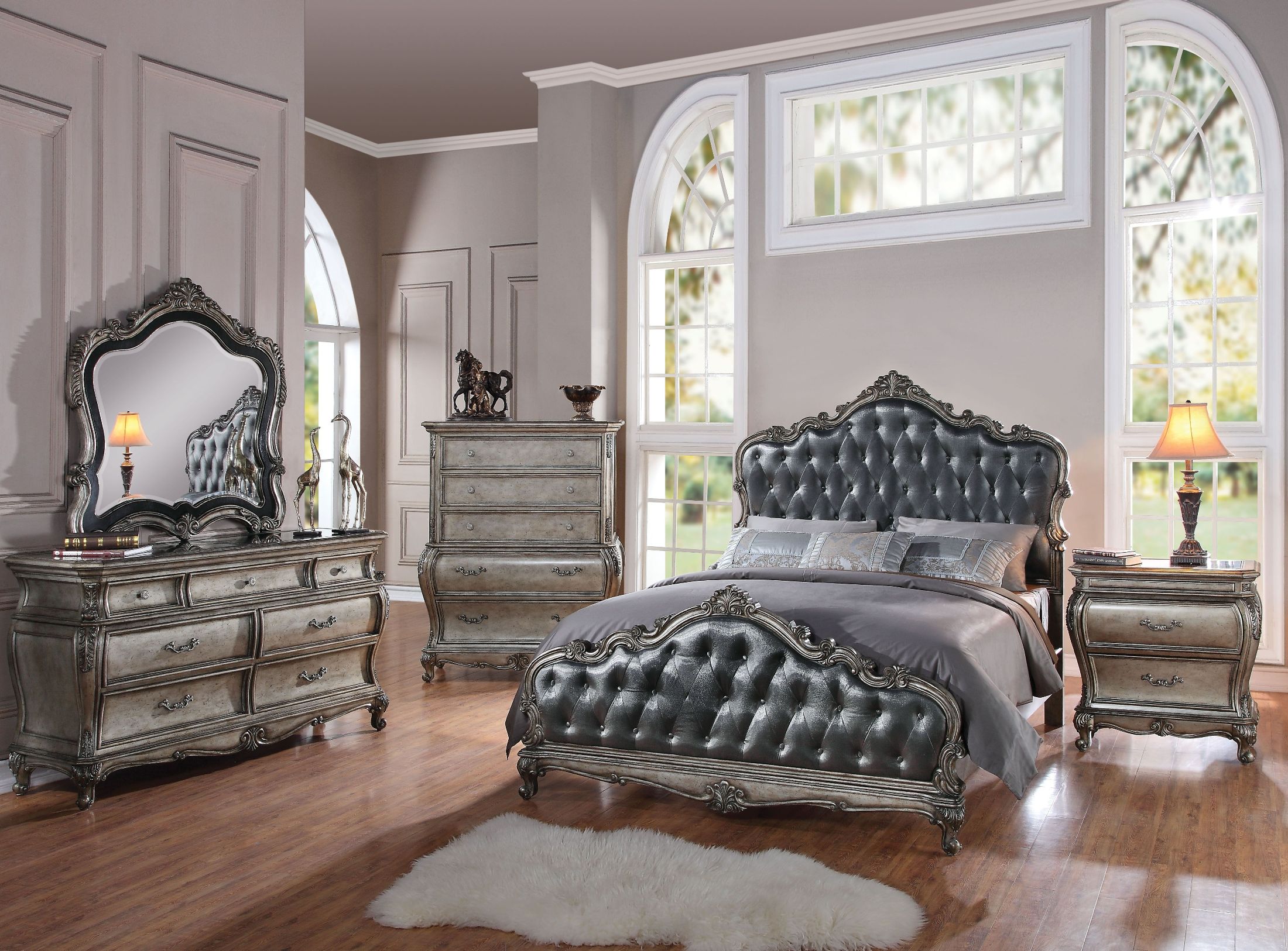 Chantelle Silver Gray And Antique Platinum Panel Bedroom Set 1stopbedrooms