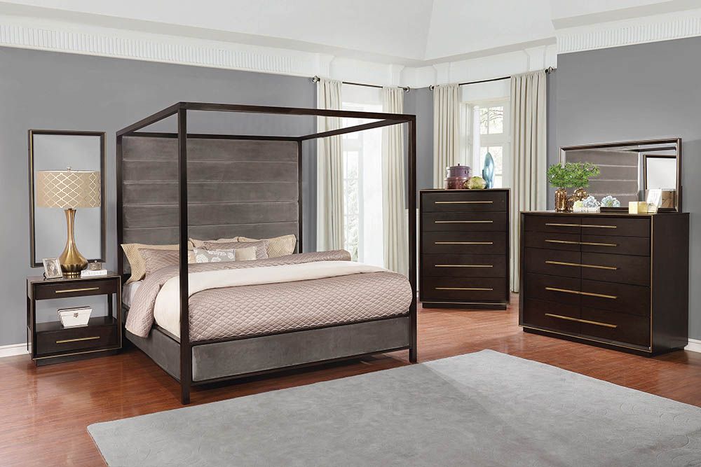 Luddington Smoked Peppercorn Upholstered Canopy Bedroom Set By Scott Living