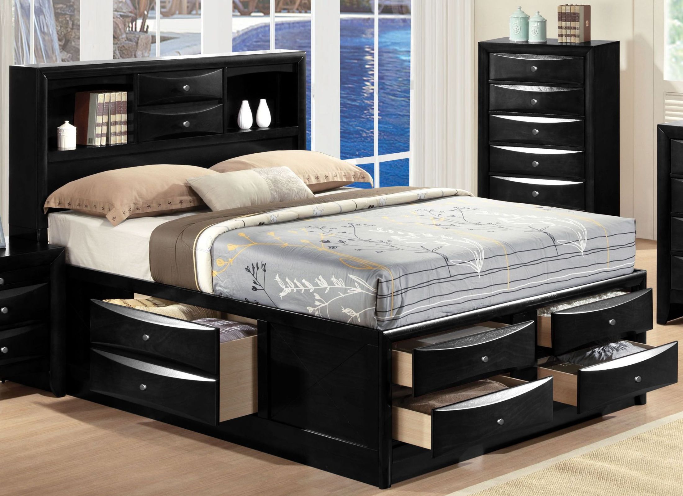 New Queen Bookcase Storage Bed for Large Space