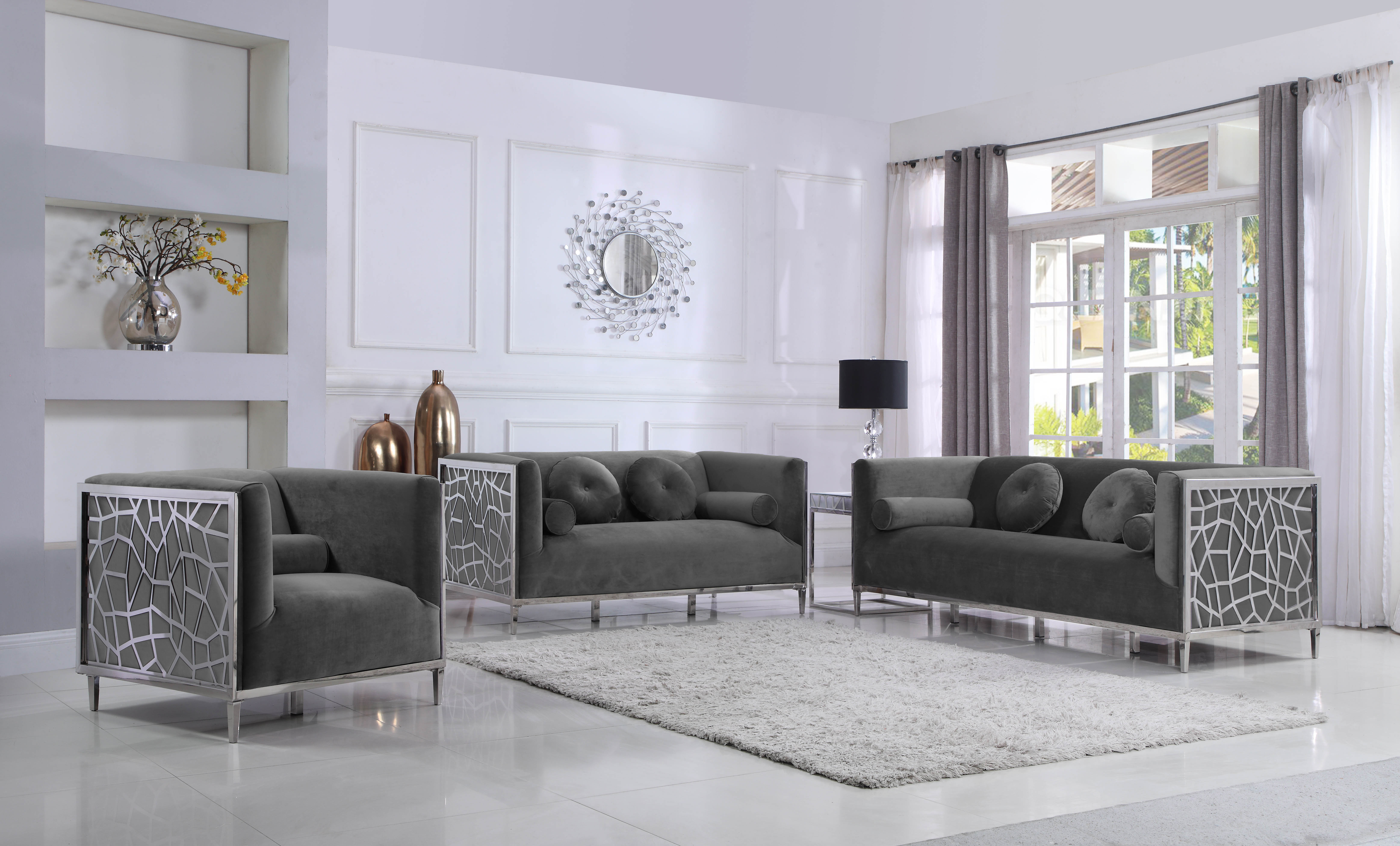 Meridian Opal Grey Velvet Sofa - 1StopBedrooms.