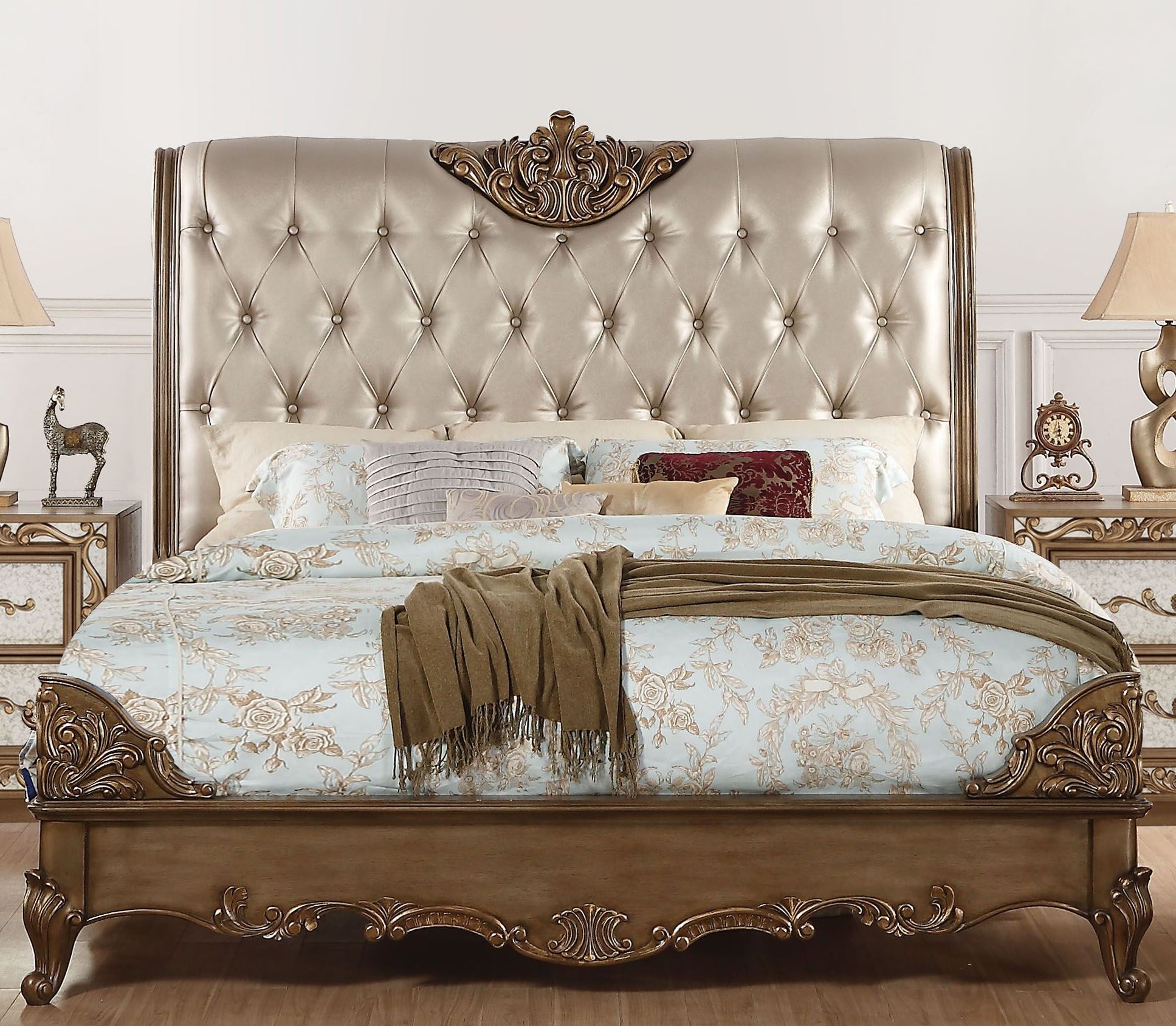 Orianne Champagne Antique Gold Upholstered Panel Bedroom ...