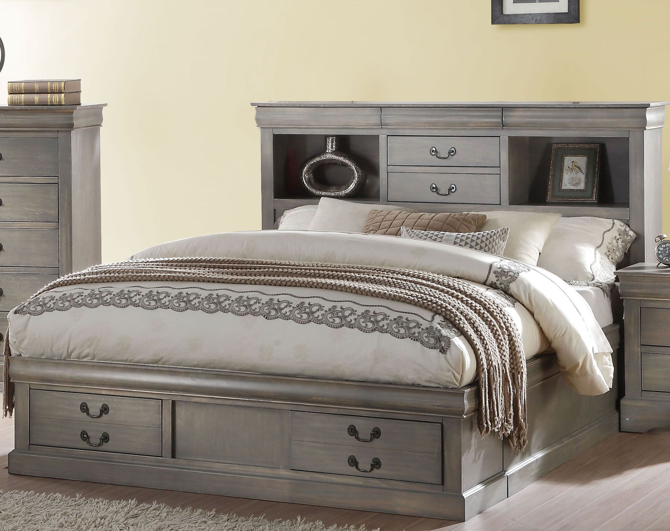 Louis Philippe Iii Antique Gray King Bookcase Storage Bed - 1StopBedrooms.