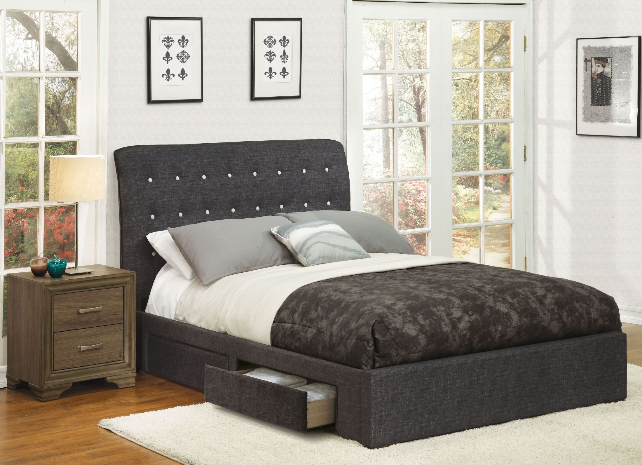 Drorit Dark Gray Queen Upholstered Platform Storage Bed 1StopBedrooms.
