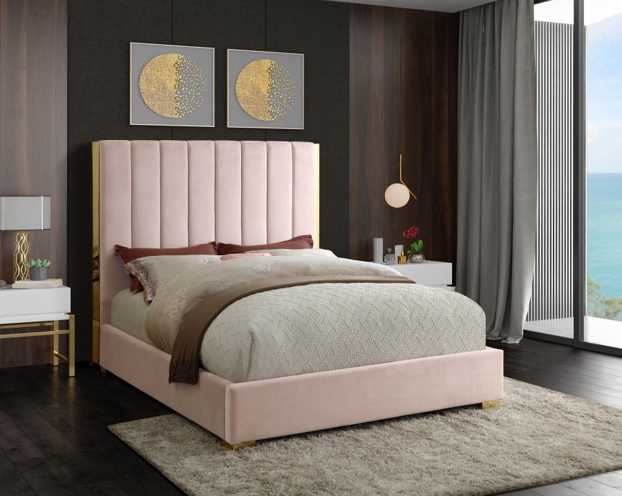 Meridian Becca Pink Velvet Queen Bed - 1StopBedrooms.